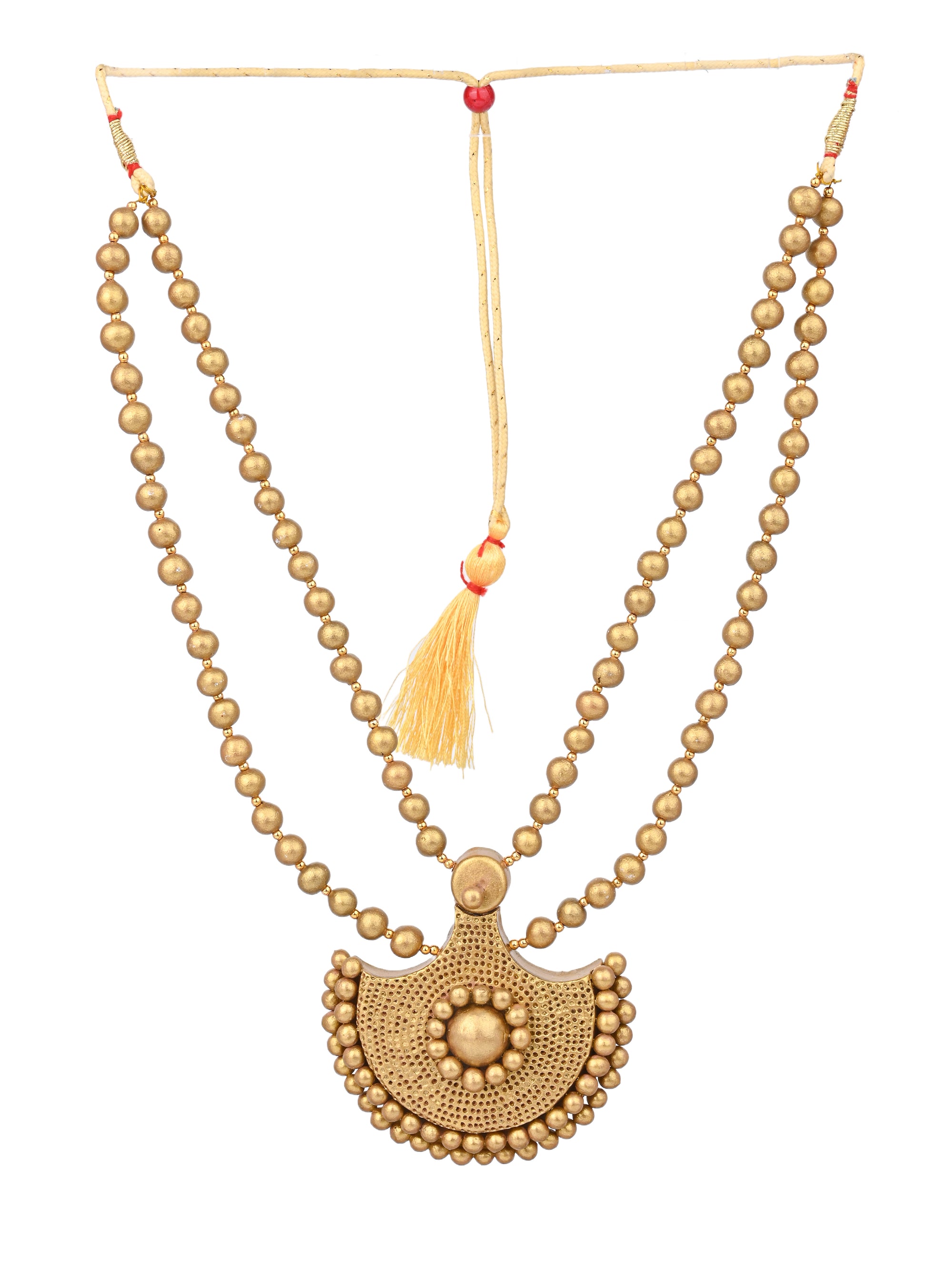 MAURYANA - Terracotta half circle gold beaded necklace set with earring - adjustable length