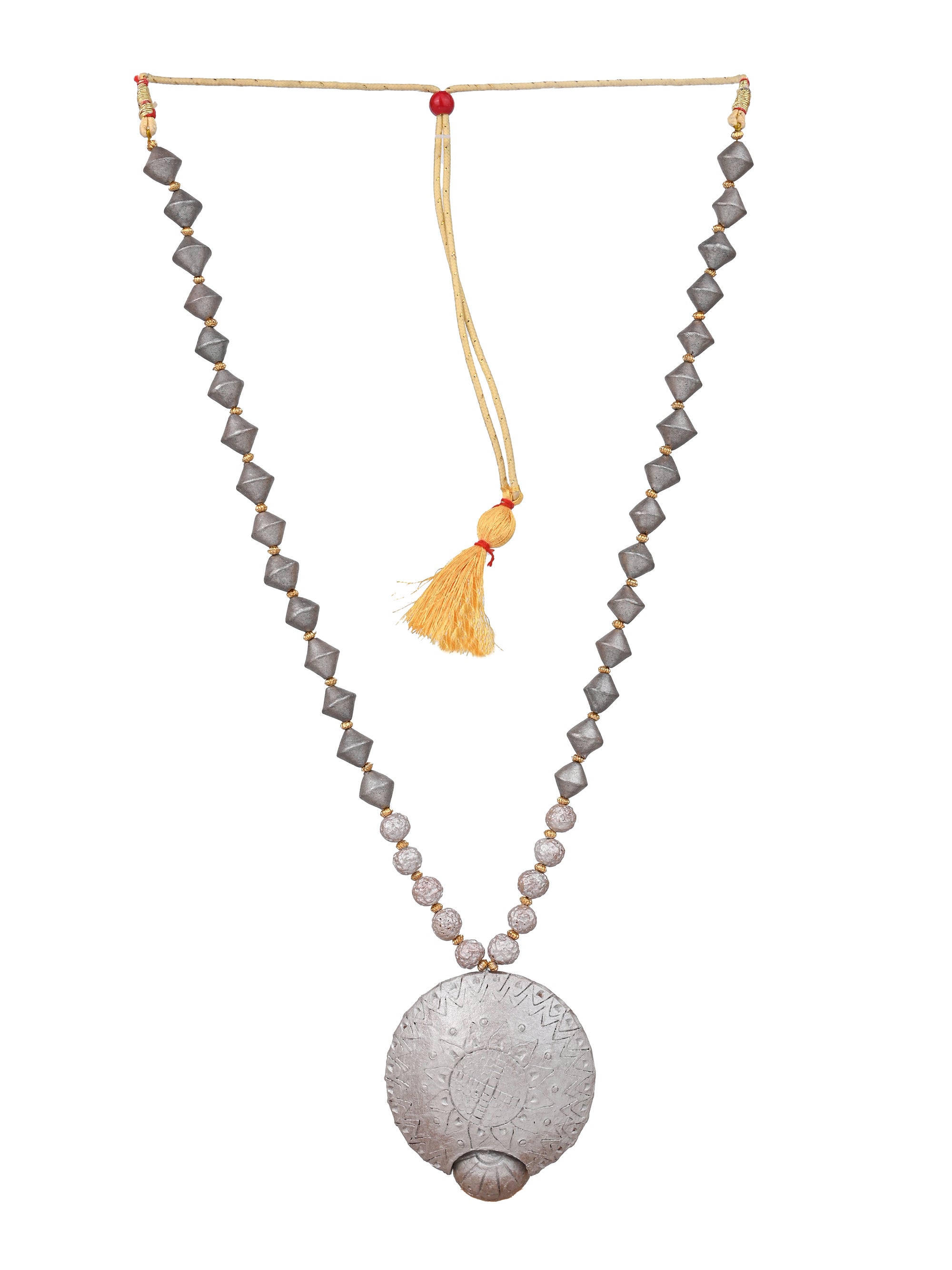 MAURYANA - Terracotta double pendant necklace set with earrings in gold and silver color options - adjustable length
