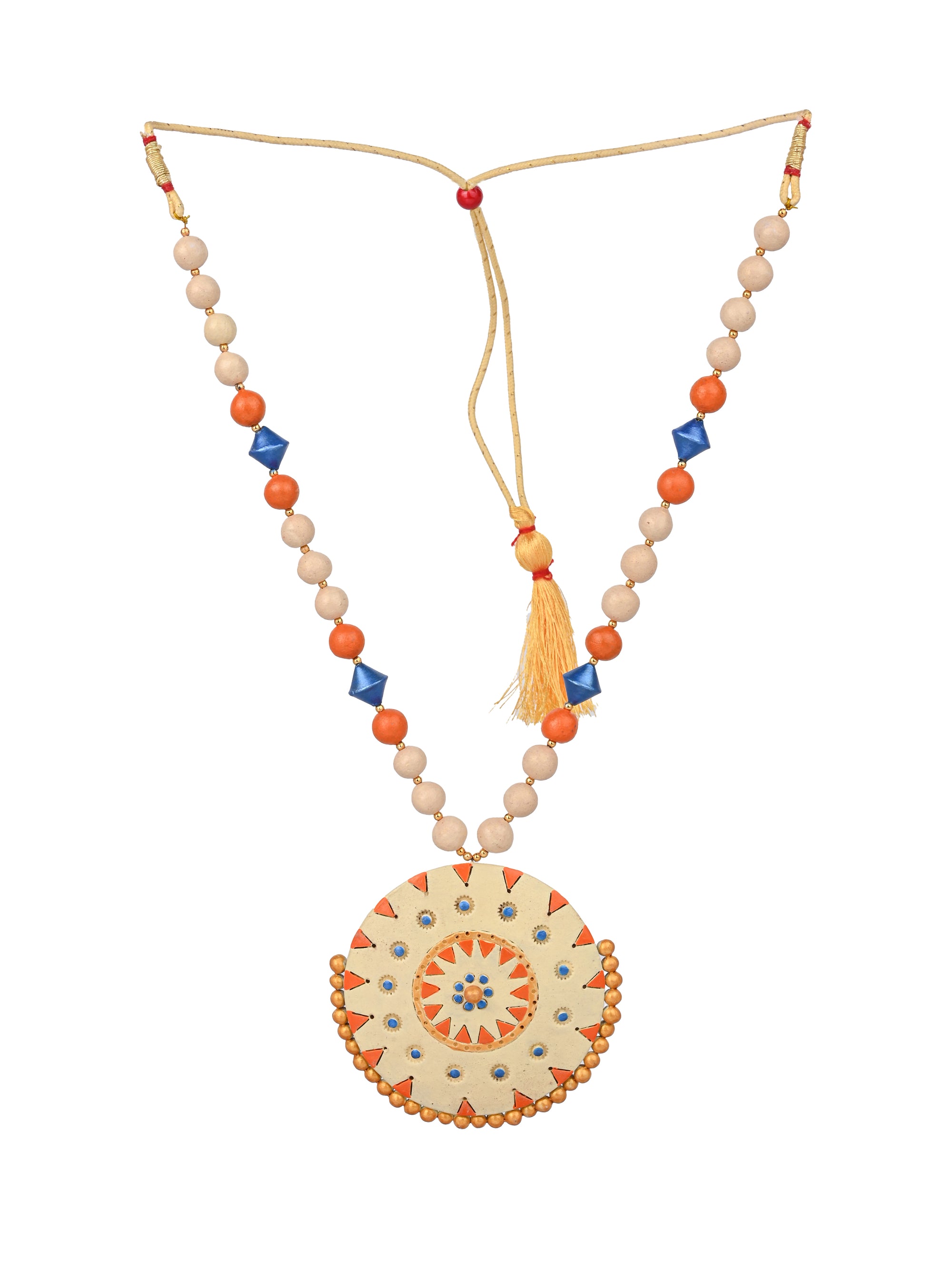 MAURYANA - Terracotta round white pendant necklace with earring set - adjustable length