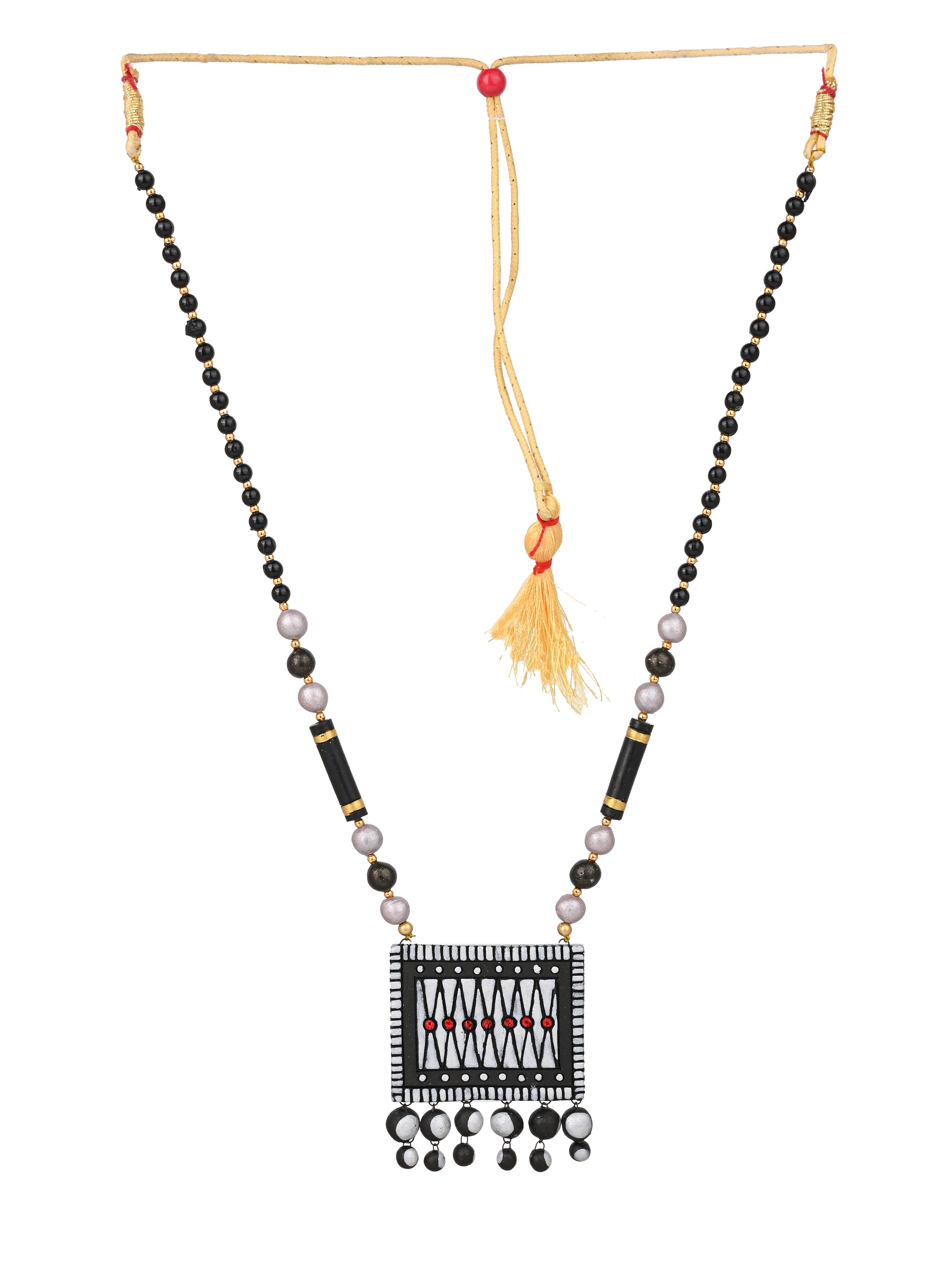 MAURYANA - Terracotta black and gold square pendant necklace set with earring available in assorted colors - adjustable length