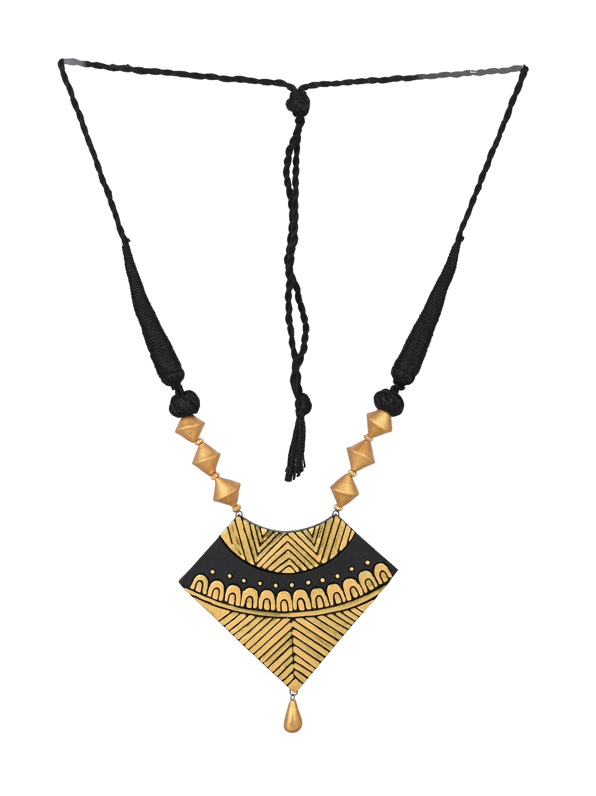 MAURYANA - Terracotta necklace and earring set in black and gold tribal design - adjustable length