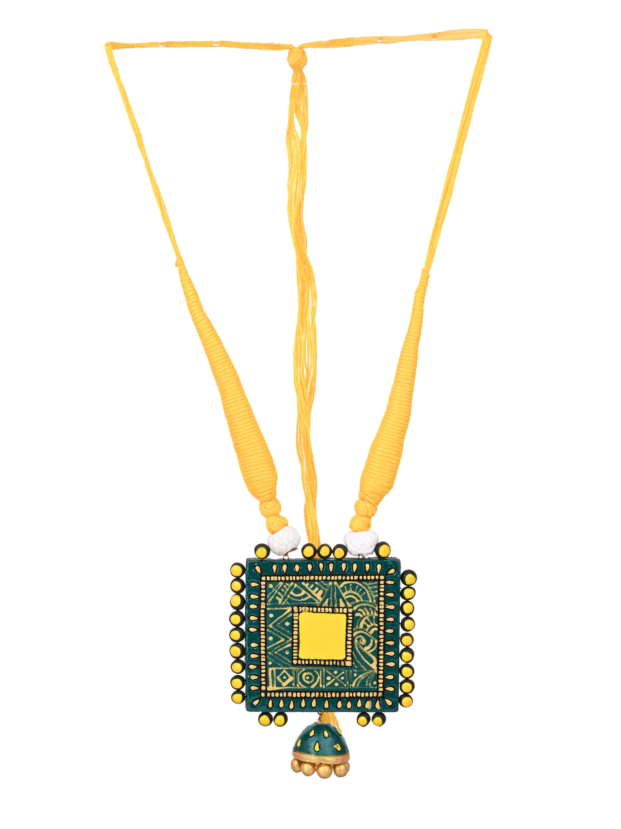 MAURYANA - Terracotta square design pendant necklace set with earrings available in assorted colors - adjustable length