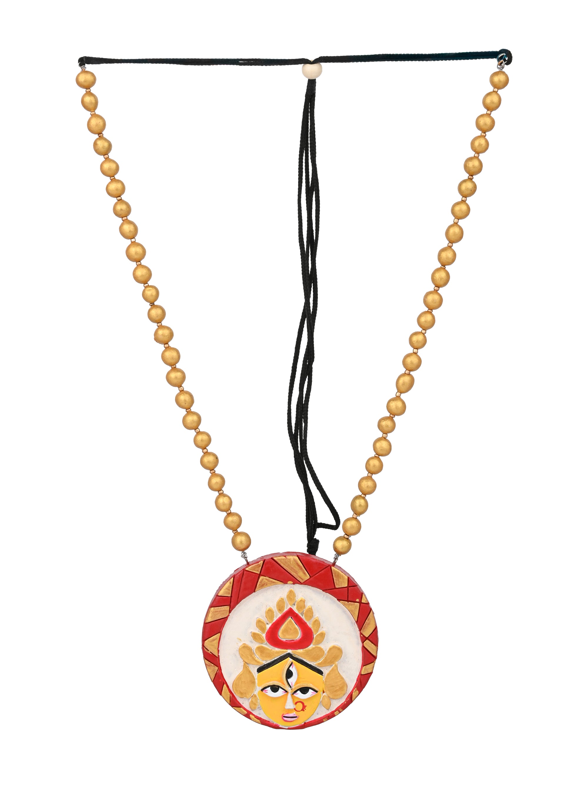 MAURYANA - Terracotta Durga mata face design pendant necklace set with earrings - Assorted colors - adjustable length