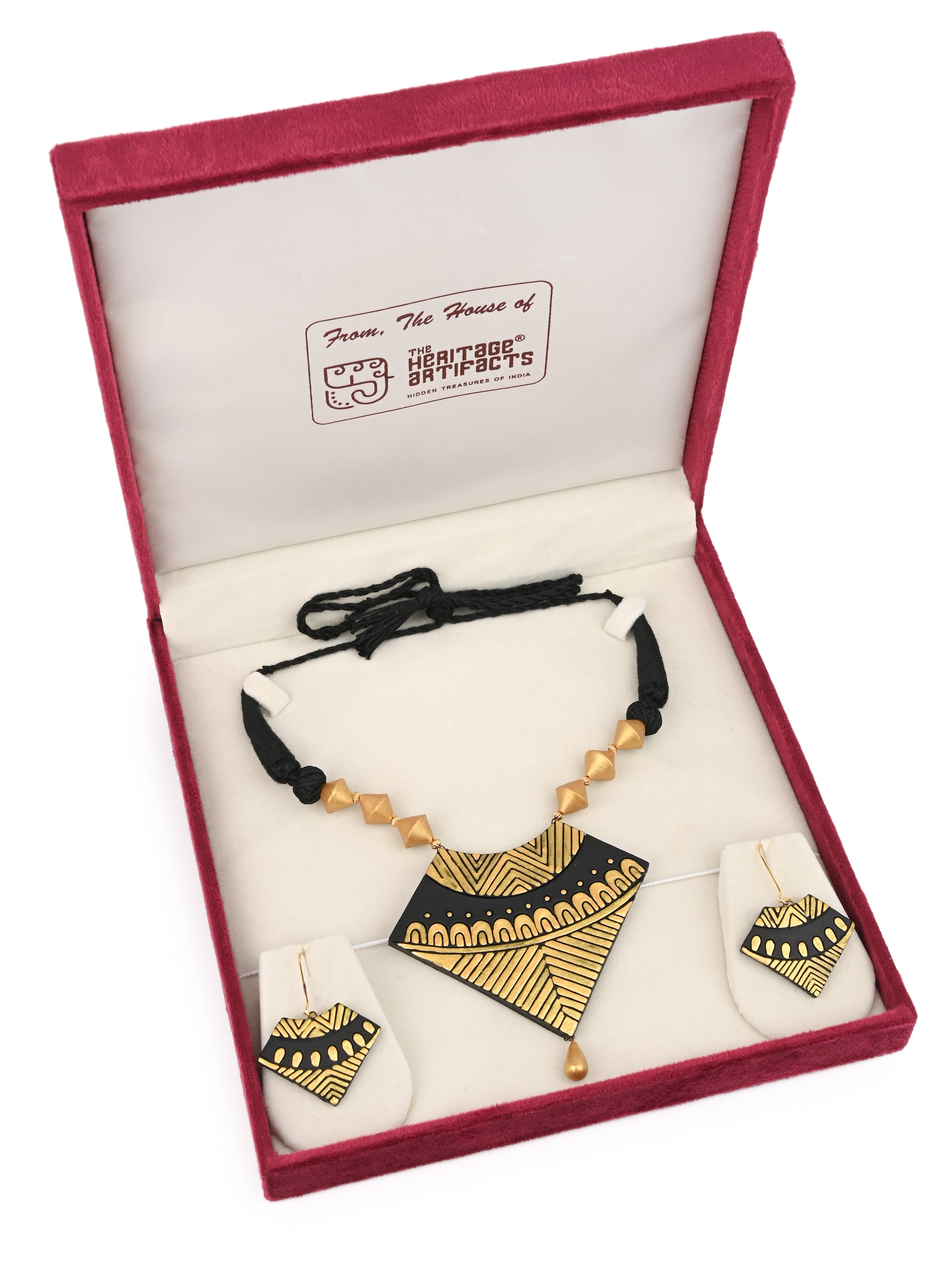 MAURYANA - Terracotta necklace and earring set in black and gold tribal design - adjustable length