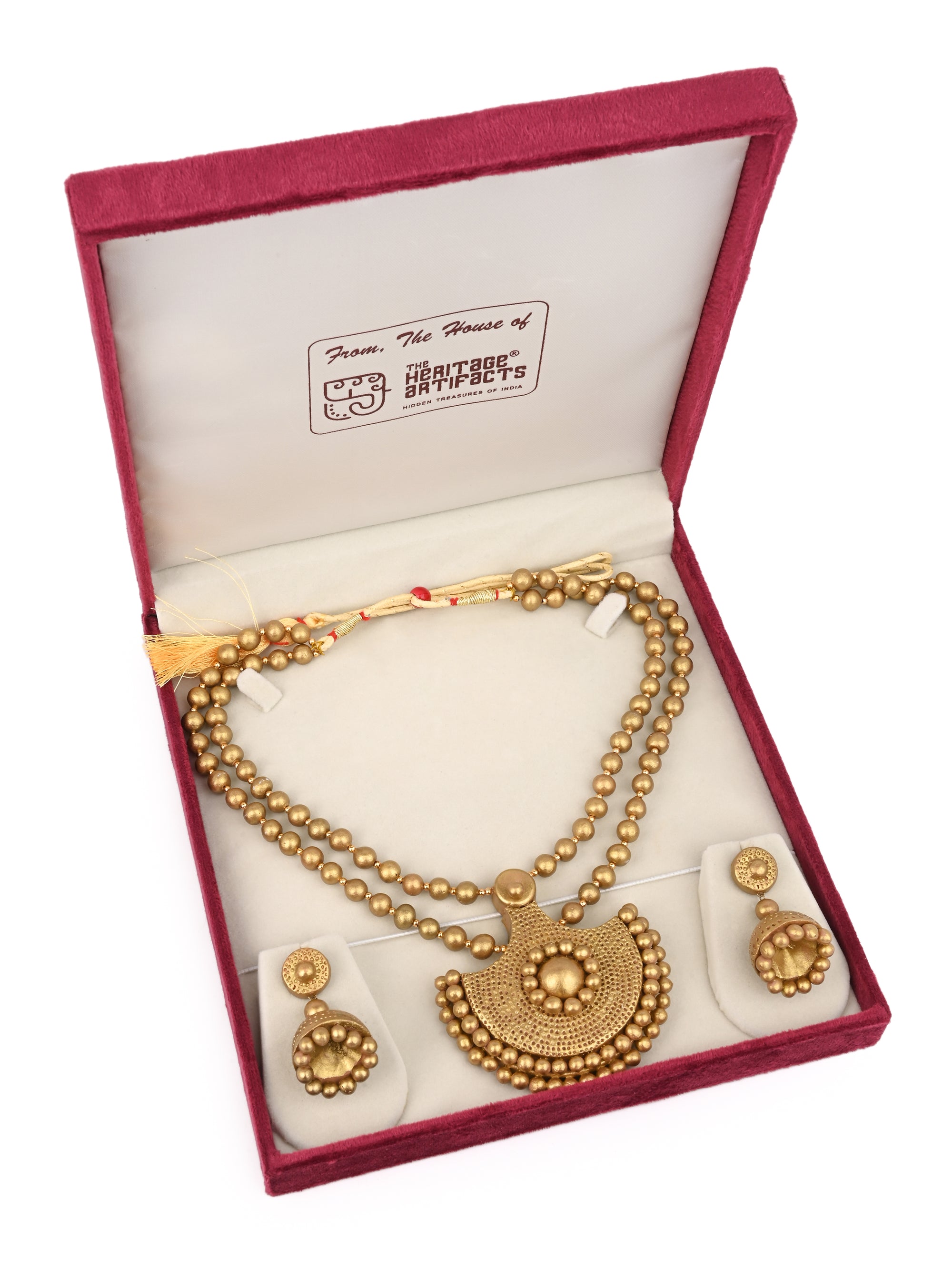 MAURYANA - Terracotta half circle gold beaded necklace set with earring - adjustable length