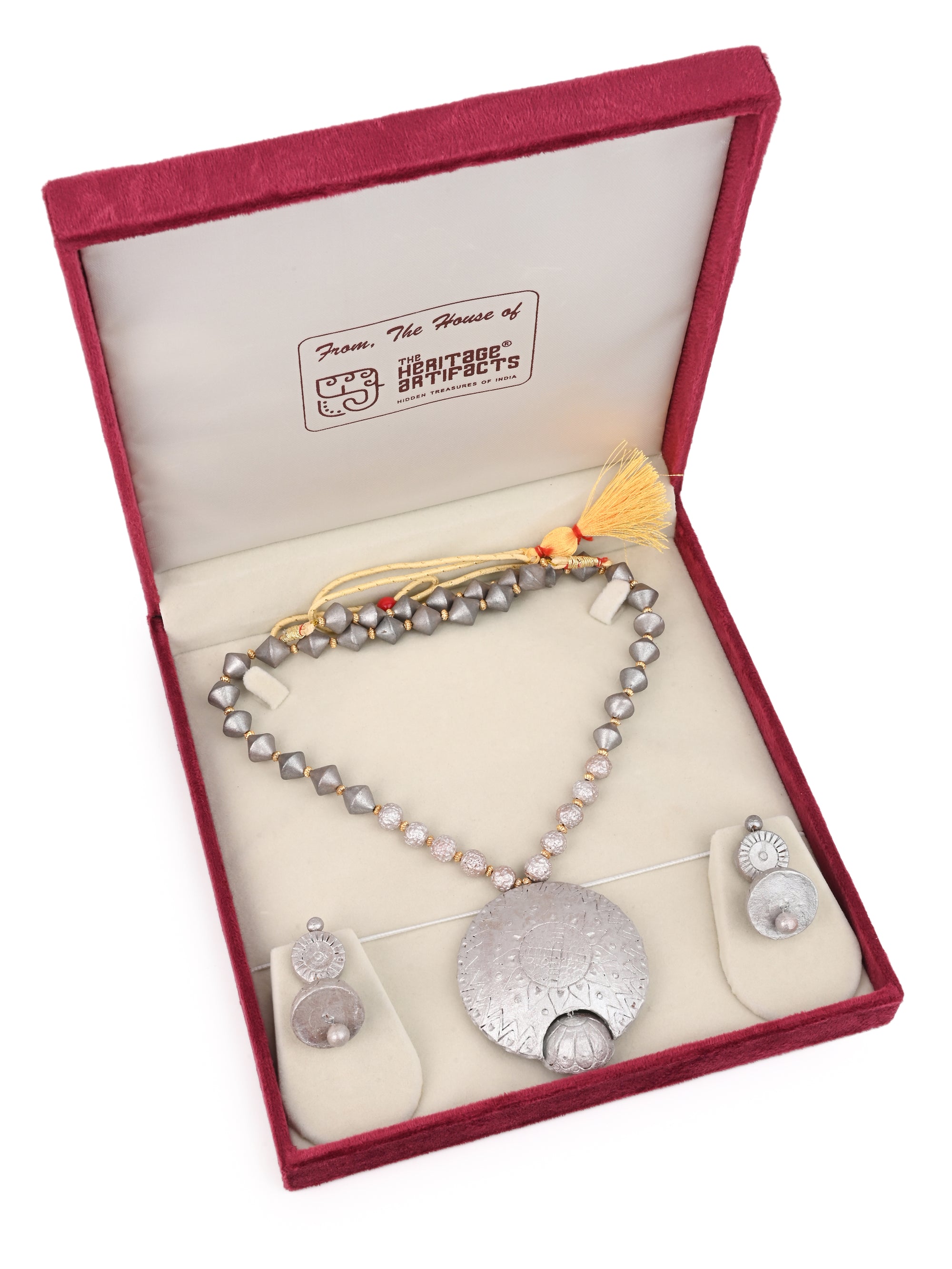 MAURYANA - Terracotta double pendant necklace set with earrings in gold and silver color options - adjustable length