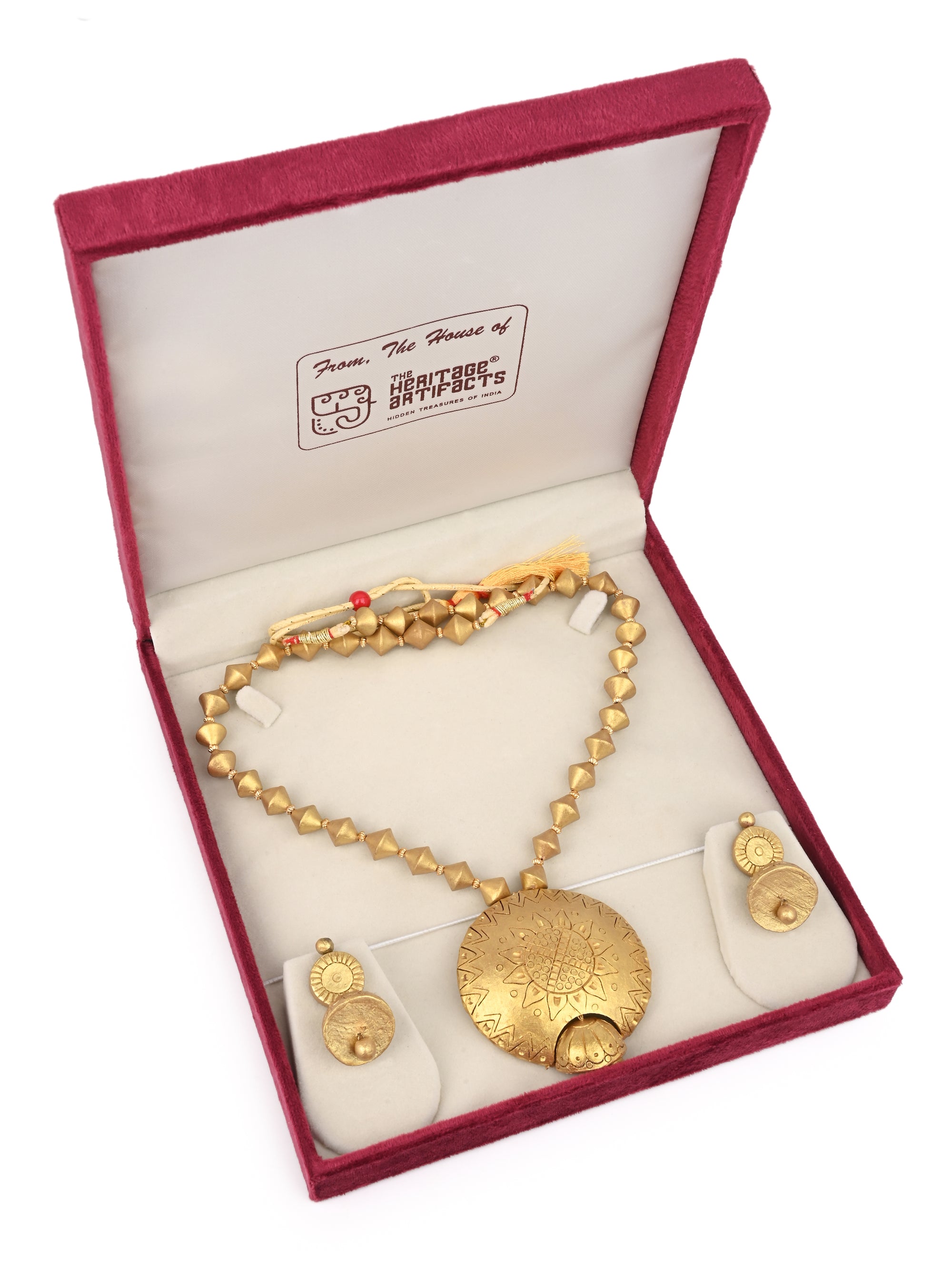 MAURYANA - Terracotta double pendant necklace set with earrings in gold and silver color options - adjustable length