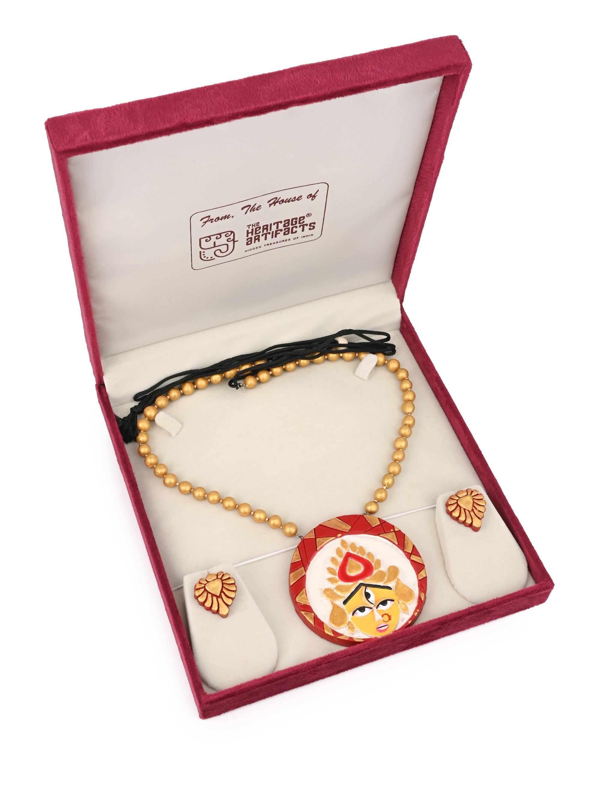 MAURYANA - Terracotta Durga mata face design pendant necklace set with earrings - Assorted colors - adjustable length