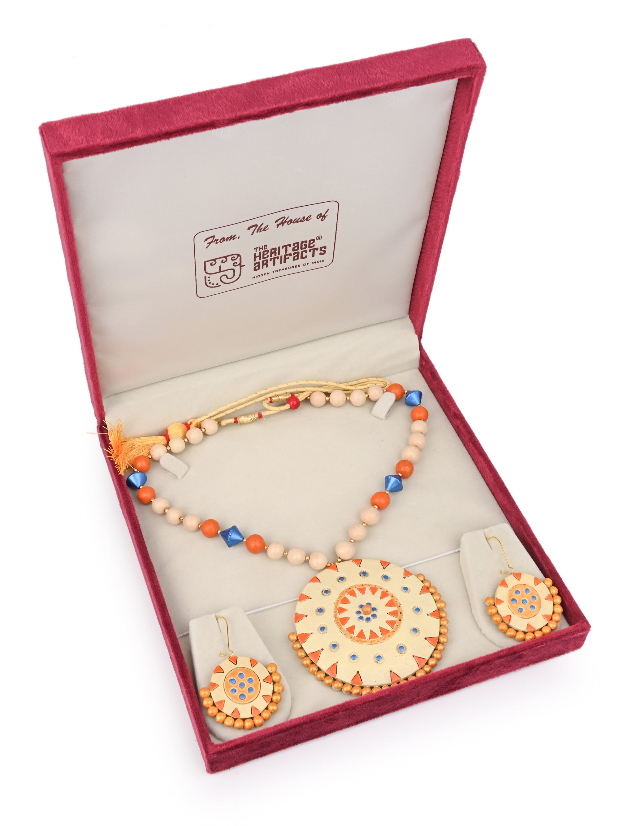 MAURYANA - Terracotta round white pendant necklace with earring set - adjustable length