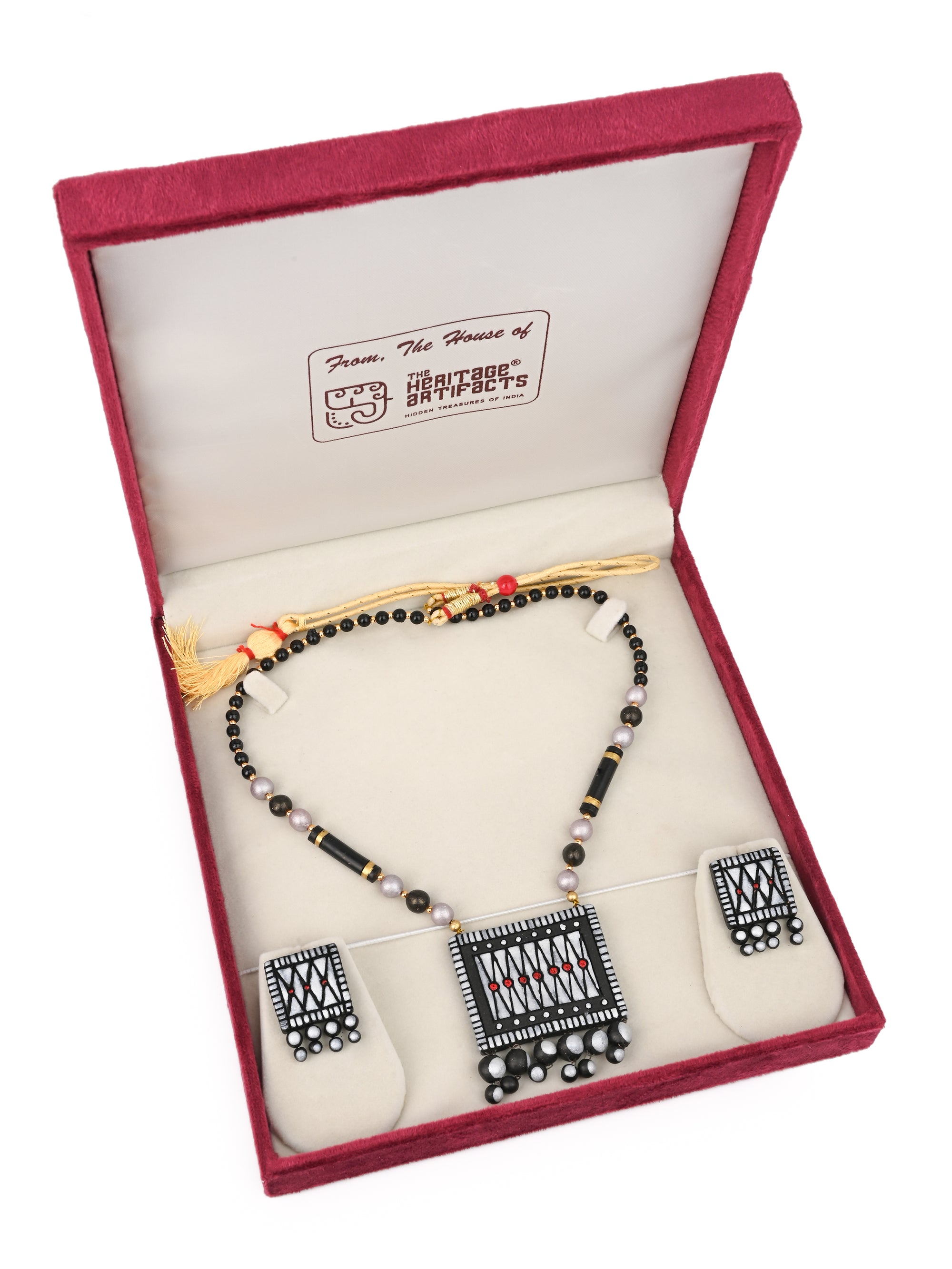 MAURYANA - Terracotta black and gold square pendant necklace set with earring available in assorted colors - adjustable length