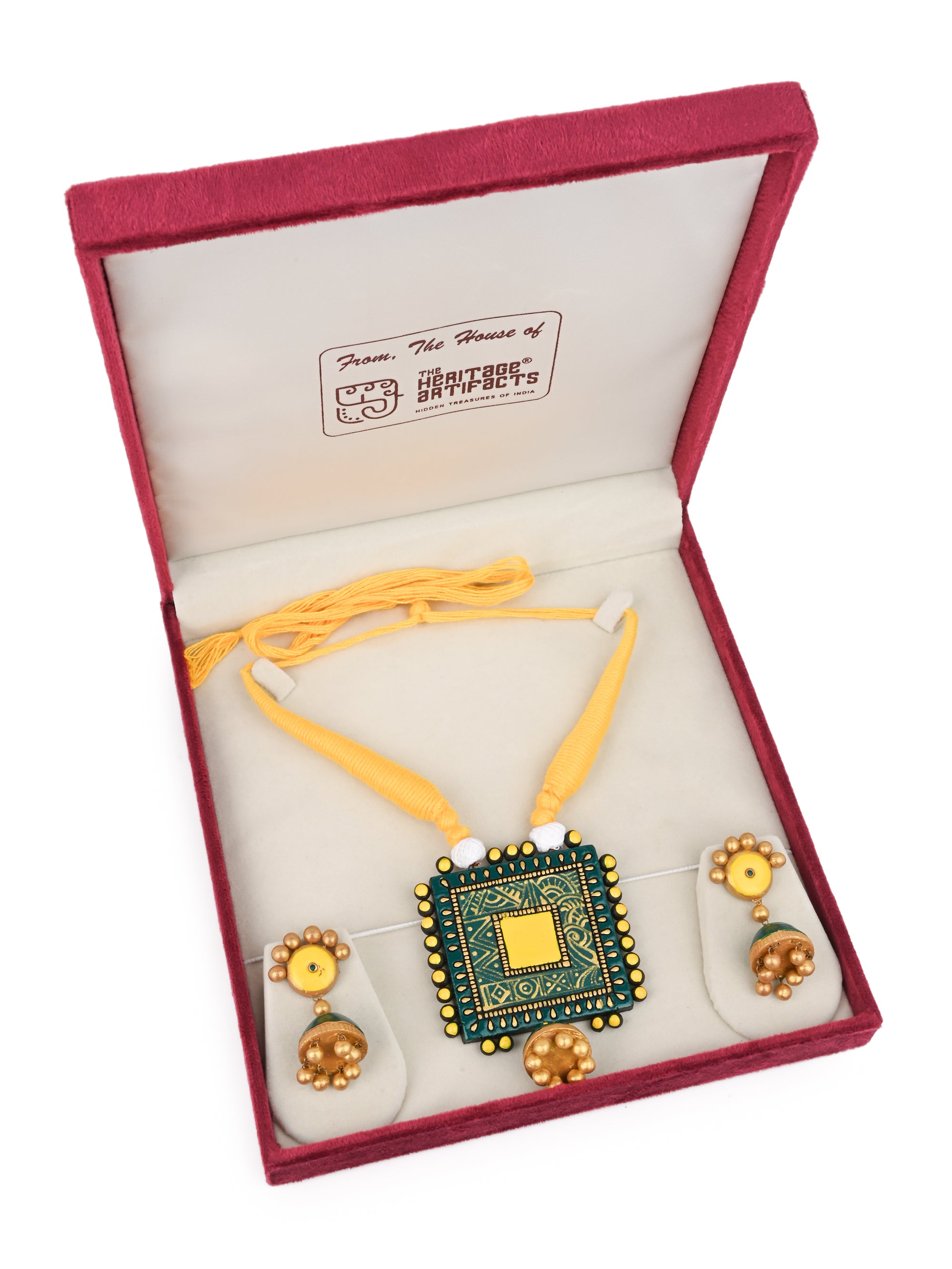 MAURYANA - Terracotta square design pendant necklace set with earrings available in assorted colors - adjustable length
