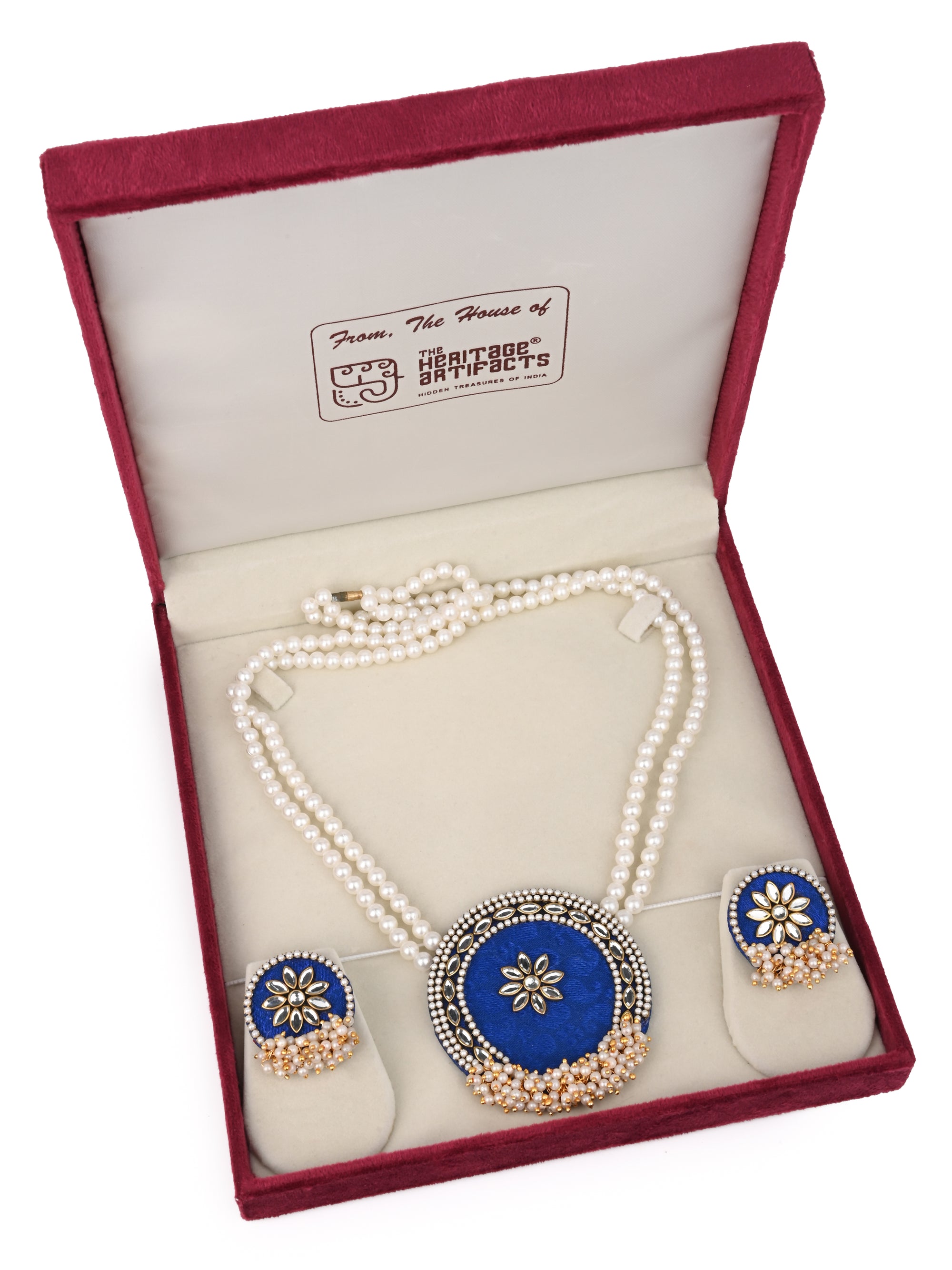 MAURYANA - White beads with blue pendant necklace and earrings set - one size