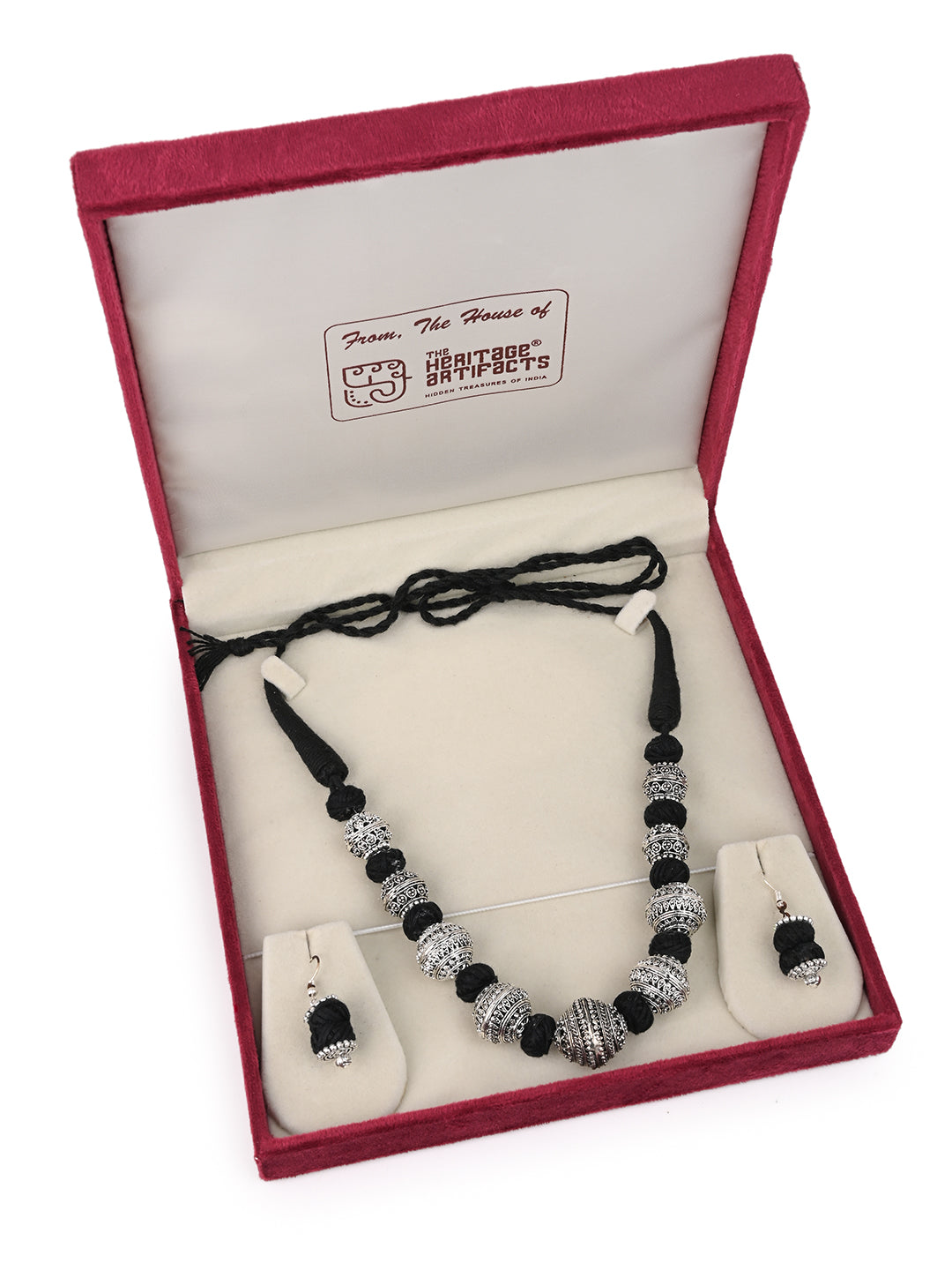 MAURYANA - Oxidised silver beaded necklace set with earrings - adjustable length