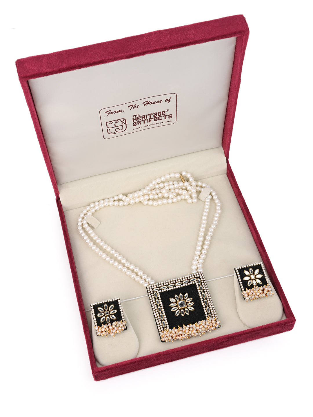 MAURYANA - White beads with square black pendant necklace and earrings set - one size