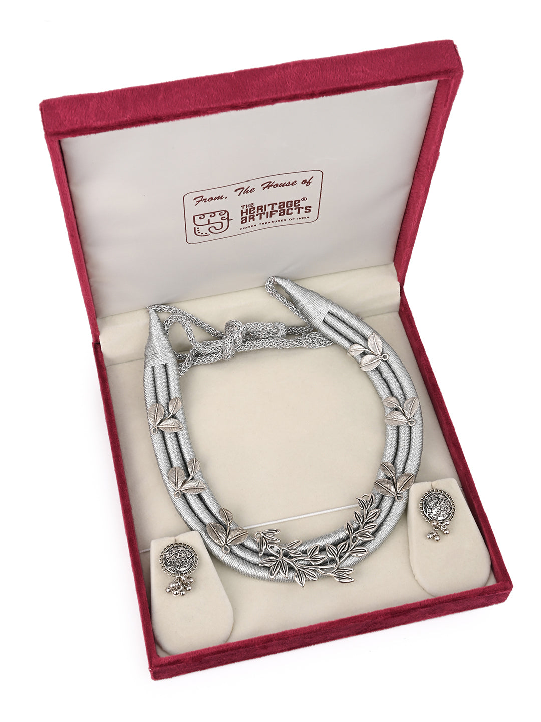 MAURYANA - Silver grey fabric necklace with beadwork and earrings set - adjustable length