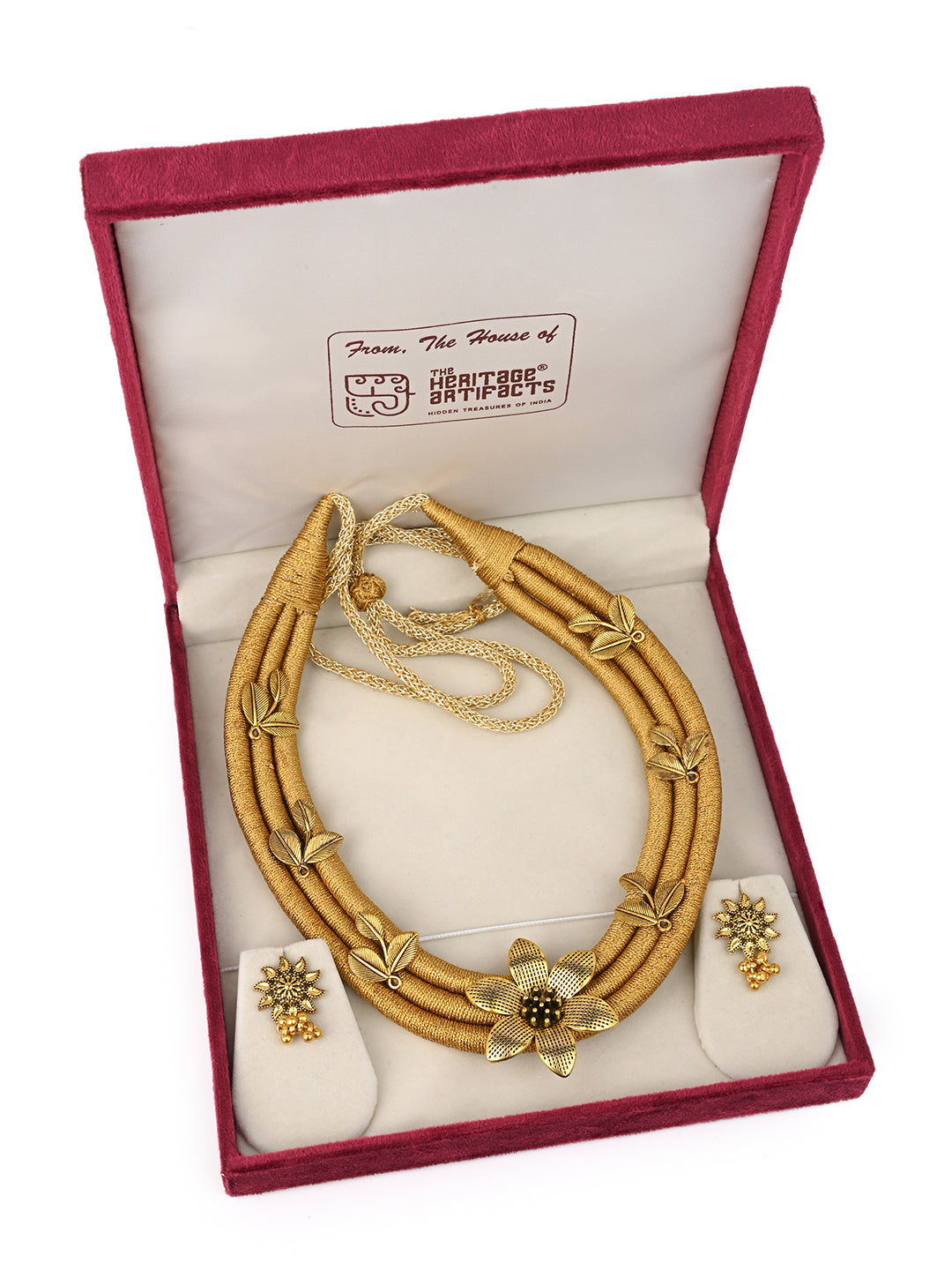 MAURYANA - Golden bead flower pendant in fabric necklace with pair of earrings - adjustable length