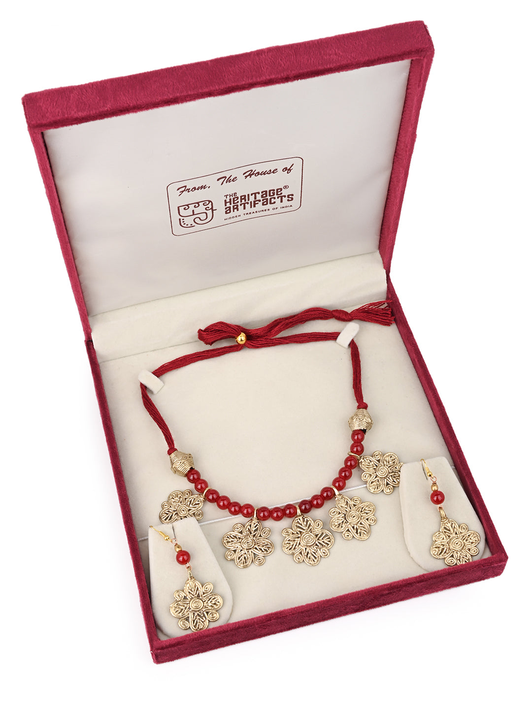 MAURYANA - Dokra craft 5 floral pendants necklace set with earrings - adjustable length
