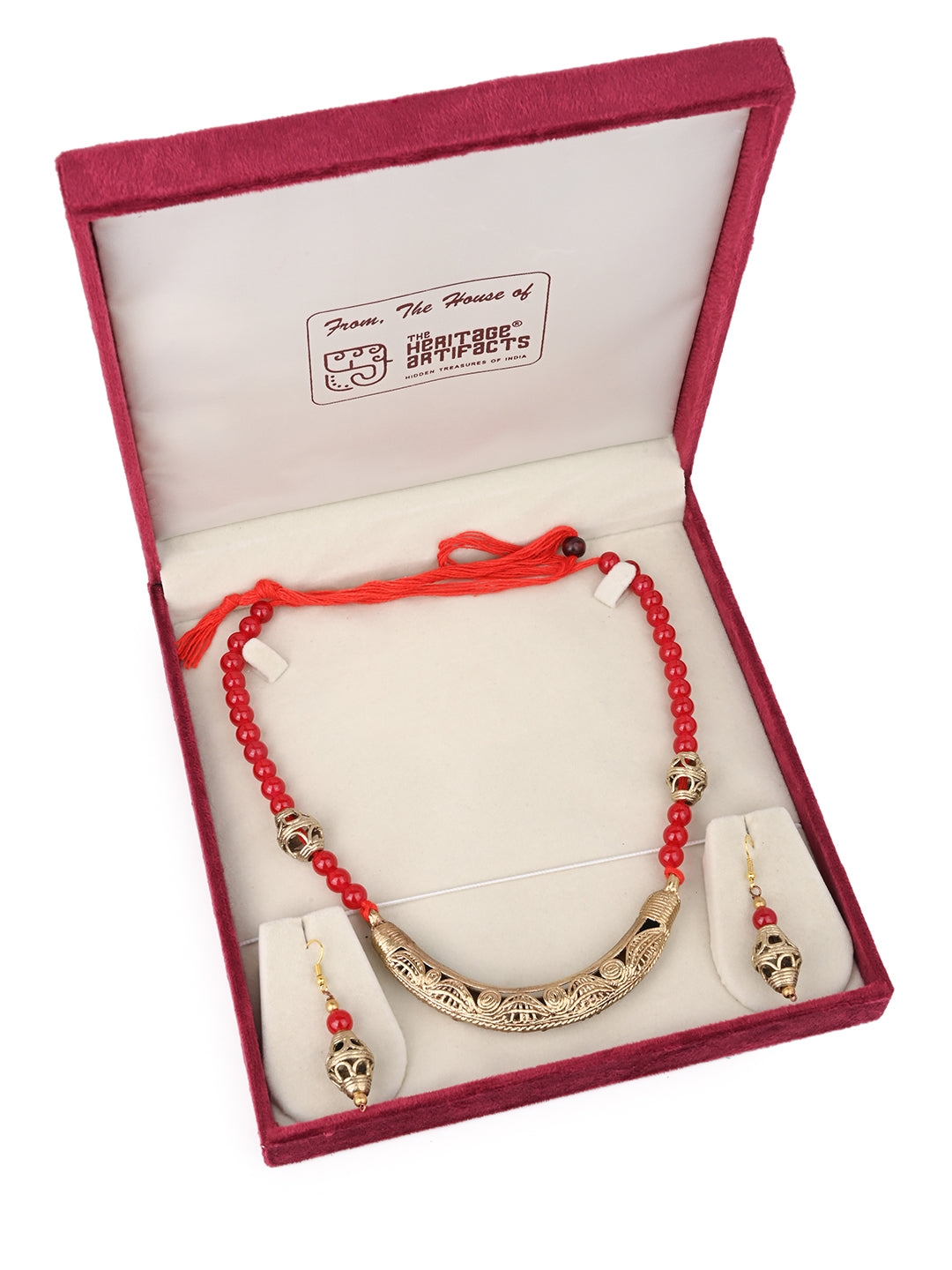 MAURYANA - Dokra craft red beads tribal necklace set with earrings - adjustable length