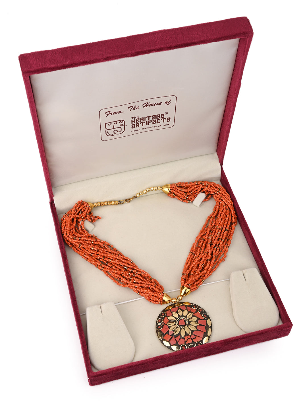 MAURYANA - Orange beaded necklace with colorful metal pendant - one size