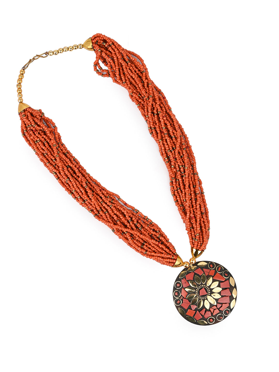 MAURYANA - Orange beaded necklace with colorful metal pendant - one size