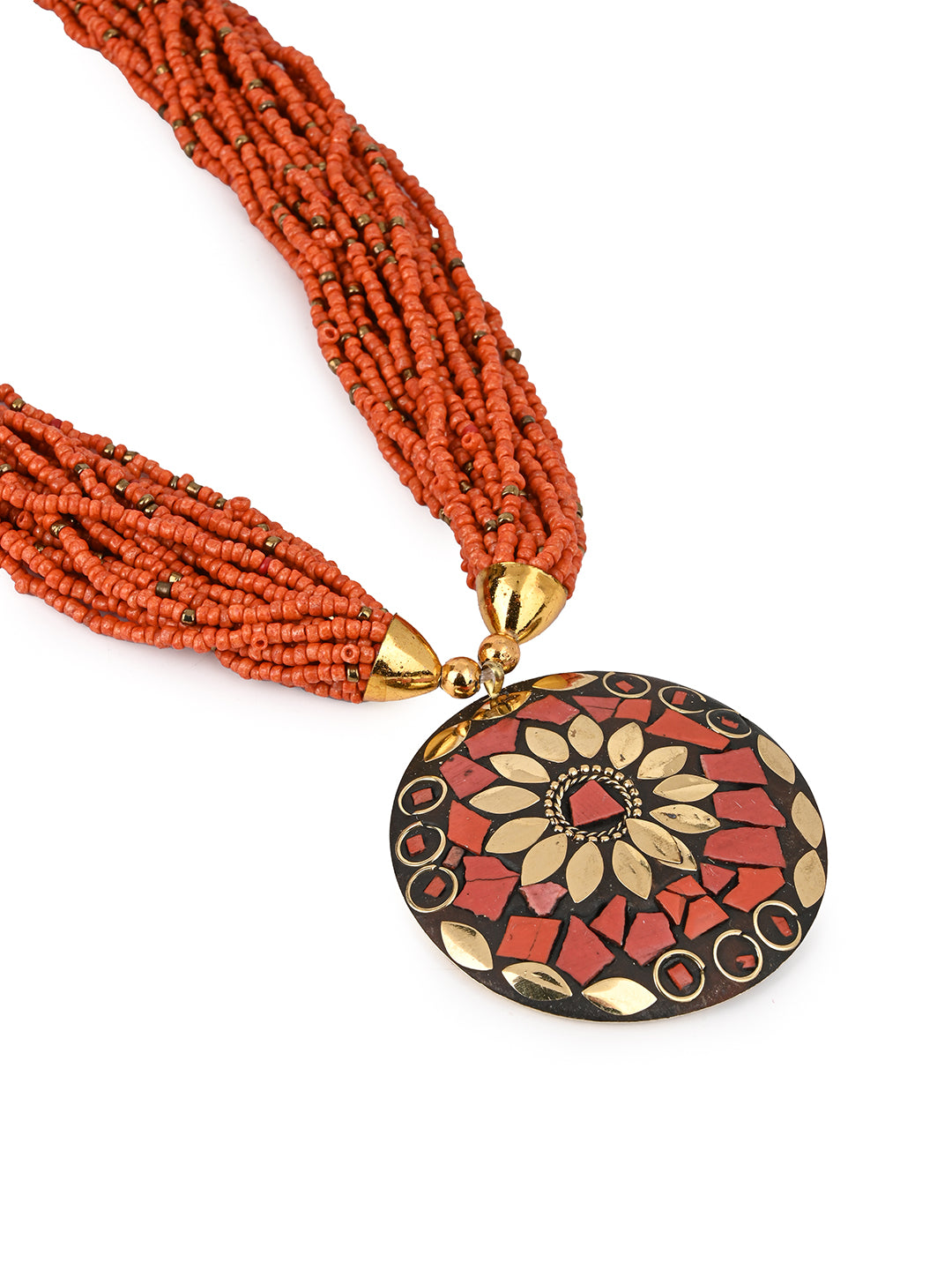 MAURYANA - Orange beaded necklace with colorful metal pendant - one size