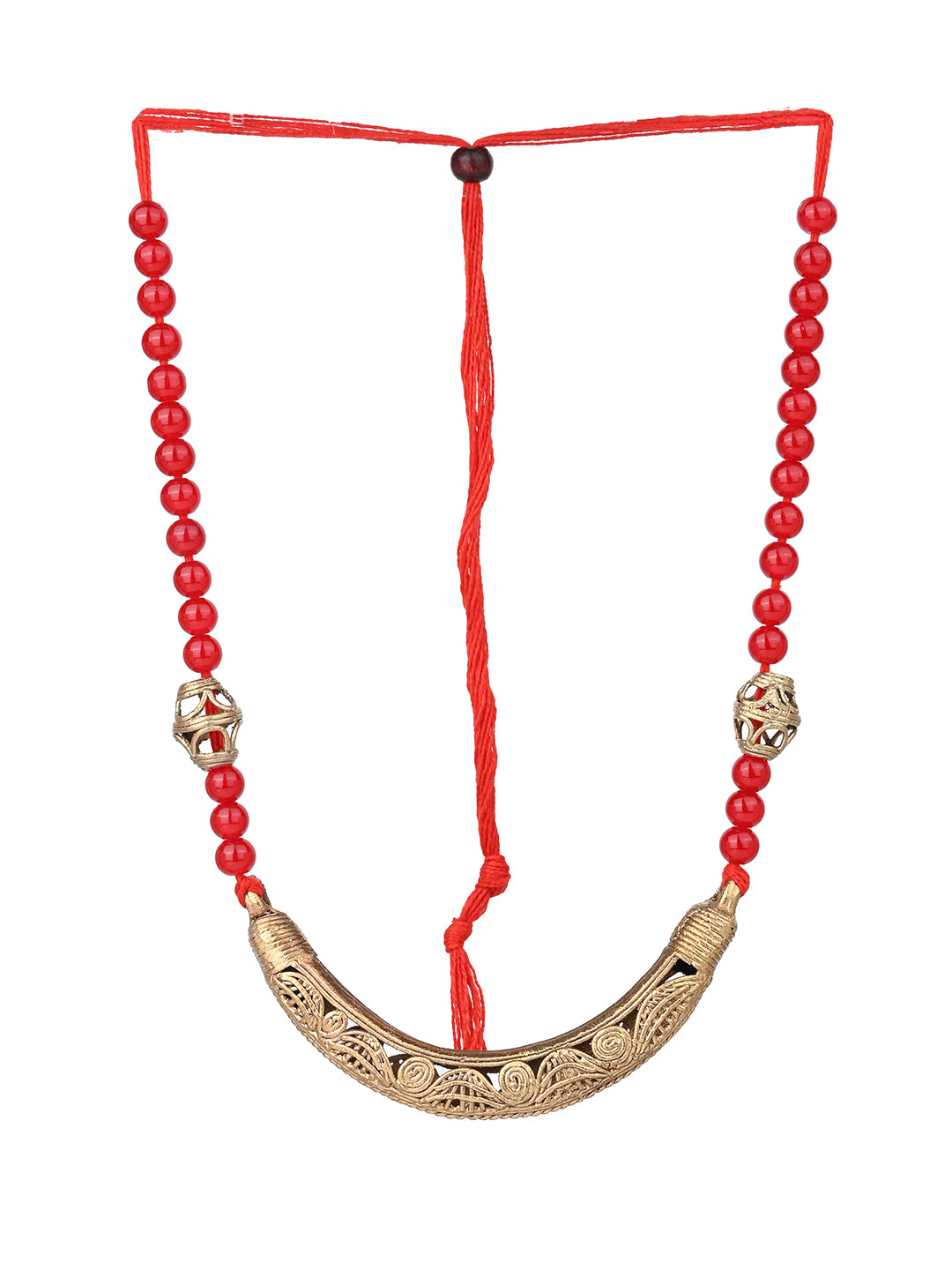 MAURYANA - Dokra craft red beads tribal necklace set with earrings - adjustable length