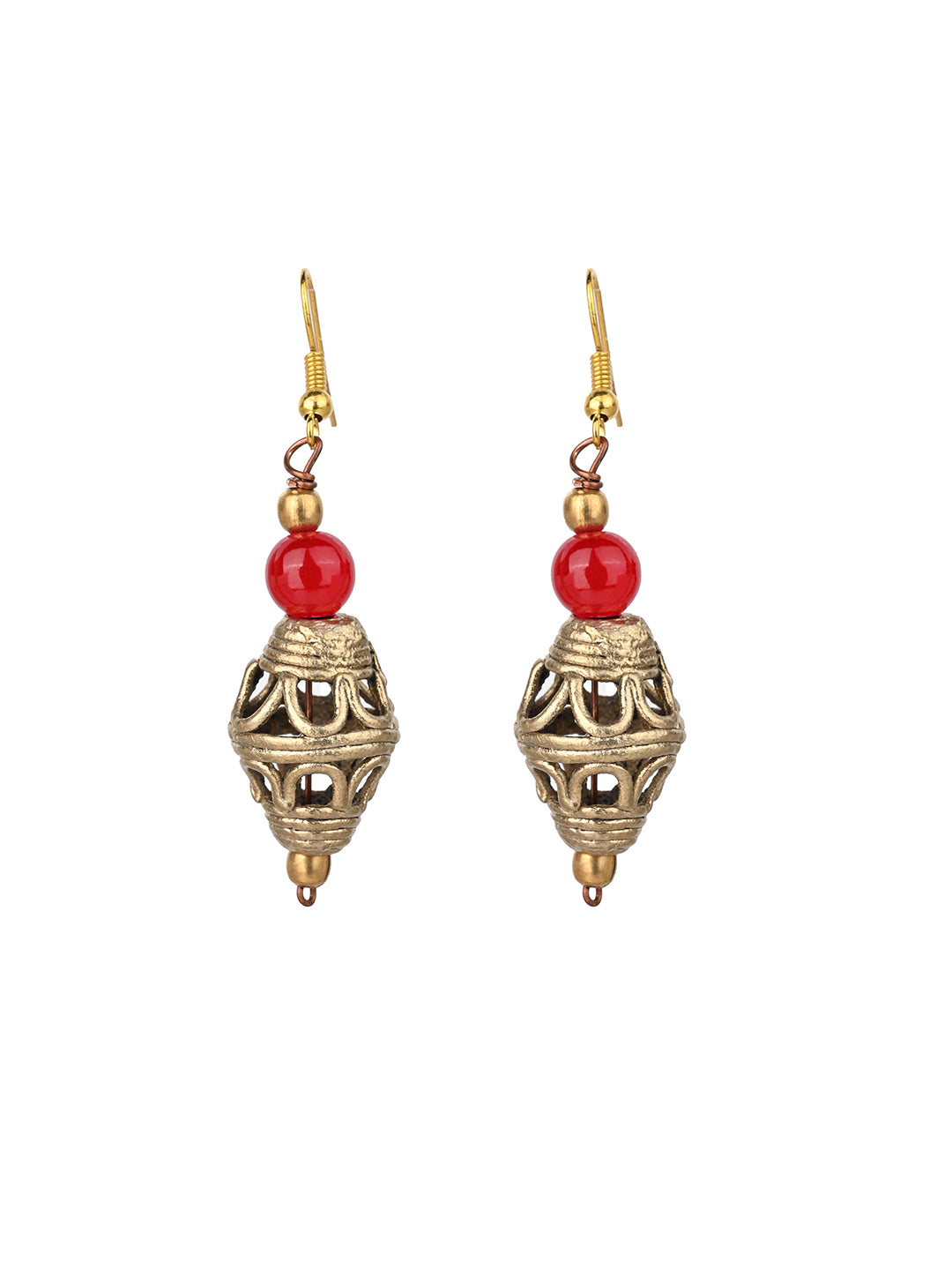 MAURYANA - Dokra craft red beads tribal necklace set with earrings - adjustable length