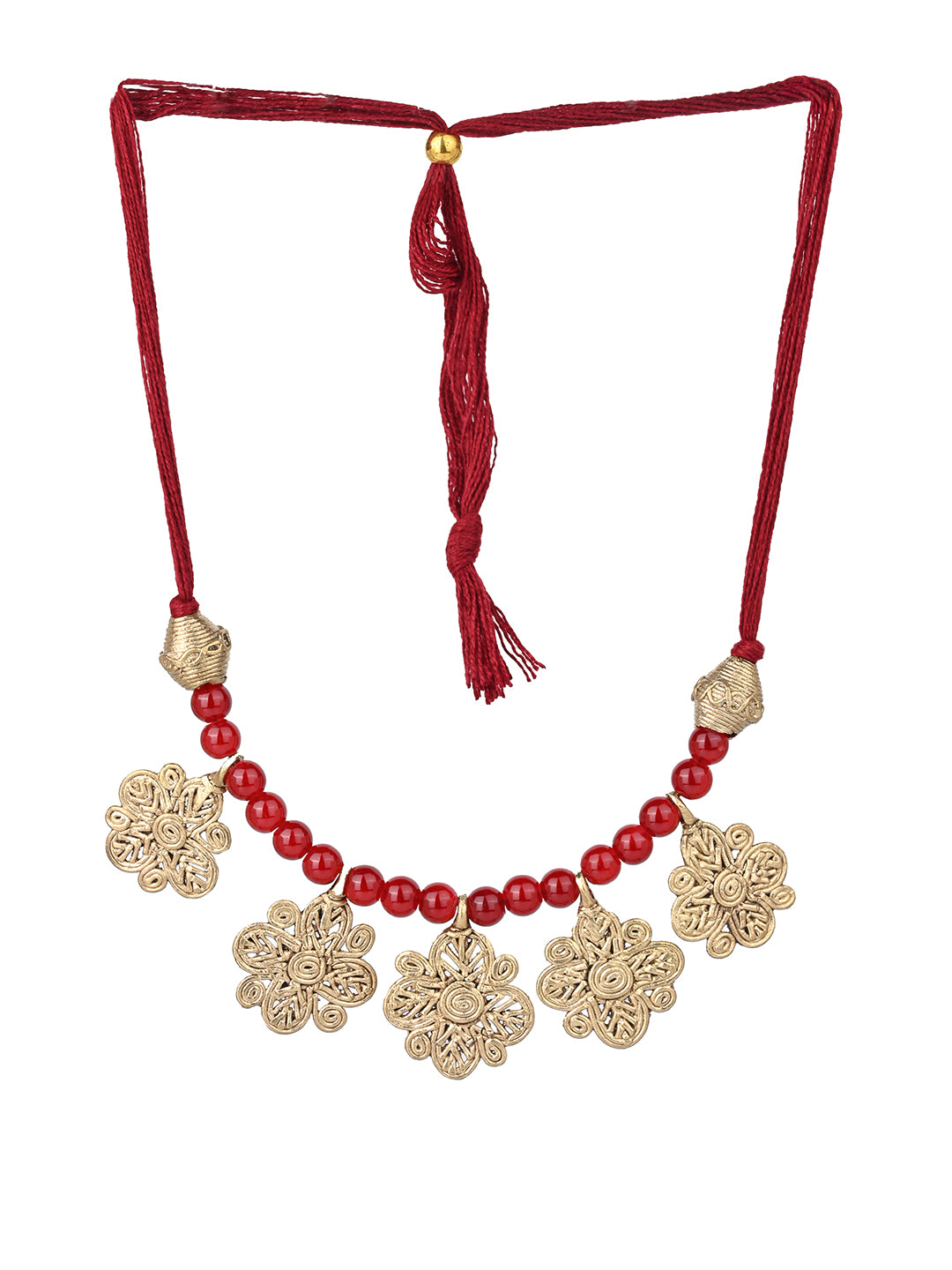 MAURYANA - Dokra craft 5 floral pendants necklace set with earrings - adjustable length