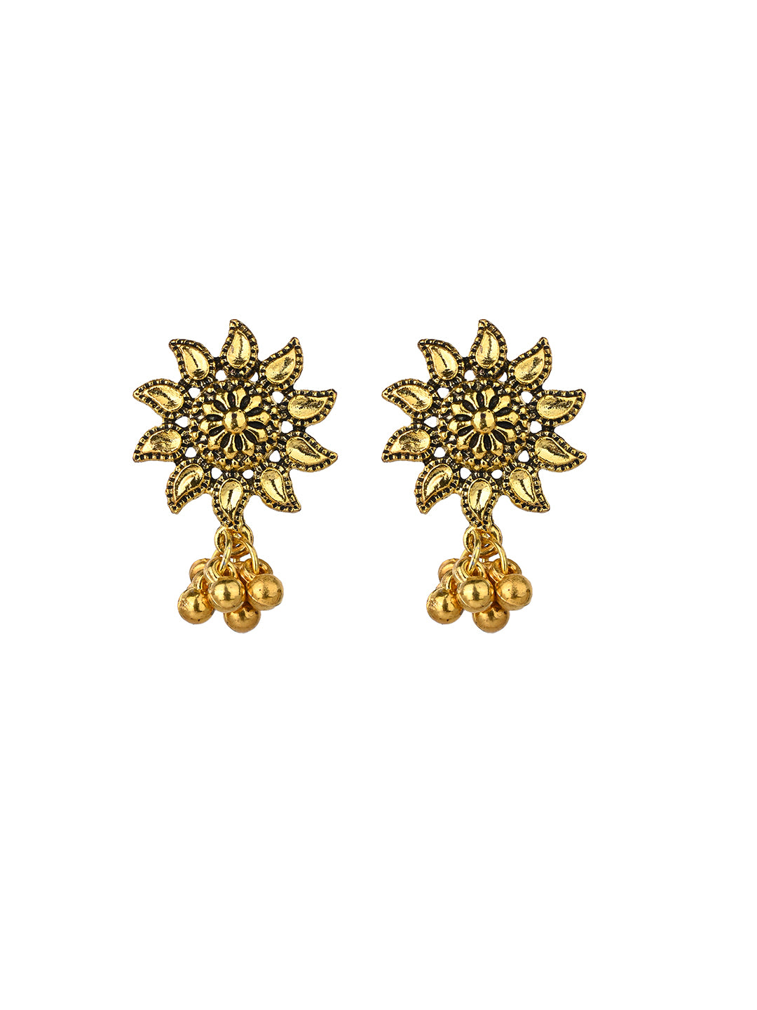 MAURYANA - Golden bead flower pendant in fabric necklace with pair of earrings - adjustable length