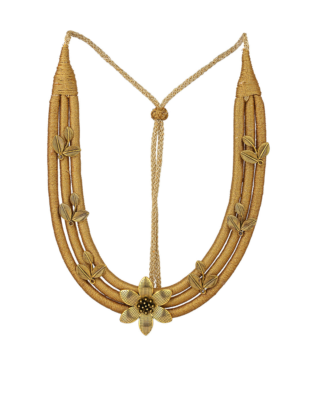 MAURYANA - Golden bead flower pendant in fabric necklace with pair of earrings - adjustable length