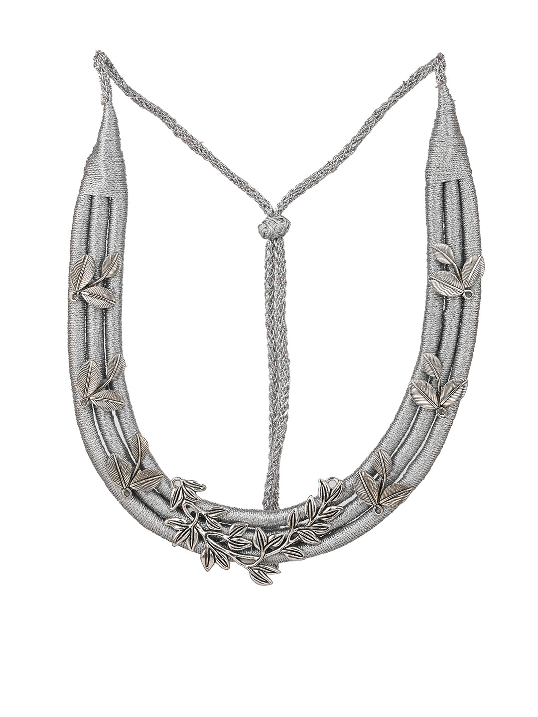 MAURYANA - Silver grey fabric necklace with beadwork and earrings set - adjustable length