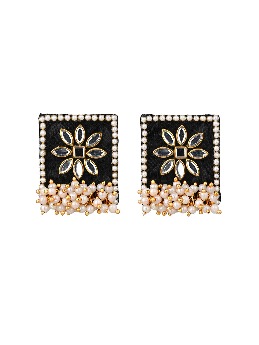 MAURYANA - White beads with square black pendant necklace and earrings set - one size