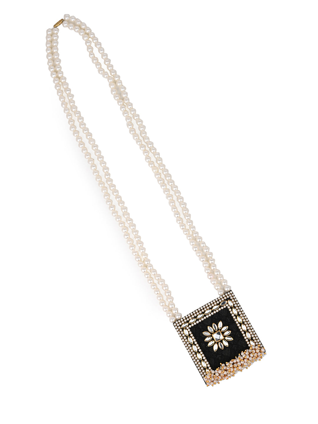 MAURYANA - White beads with square black pendant necklace and earrings set - one size