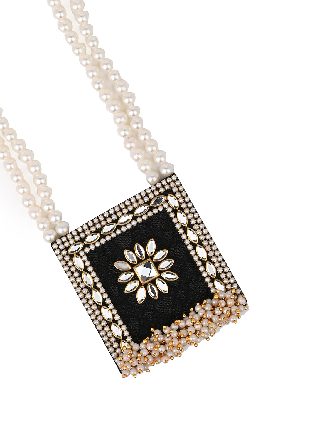 MAURYANA - White beads with square black pendant necklace and earrings set - one size