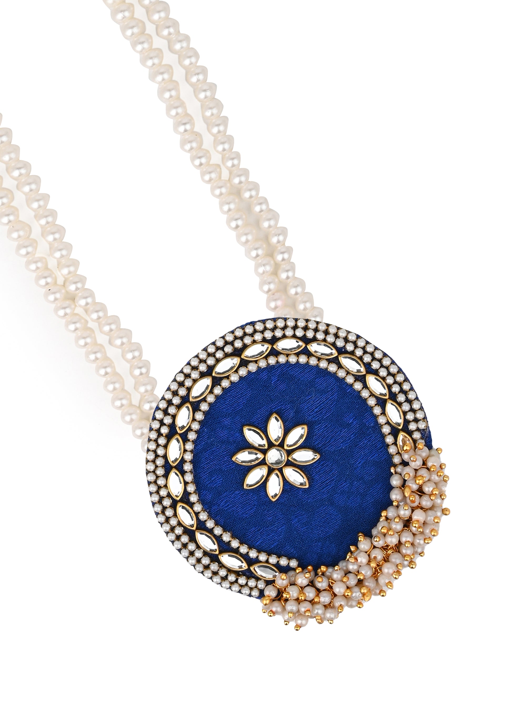 MAURYANA - White beads with blue pendant necklace and earrings set - one size