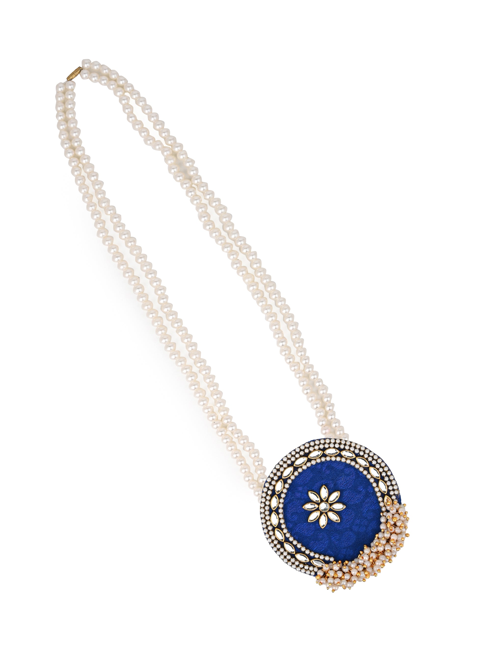 MAURYANA - White beads with blue pendant necklace and earrings set - one size