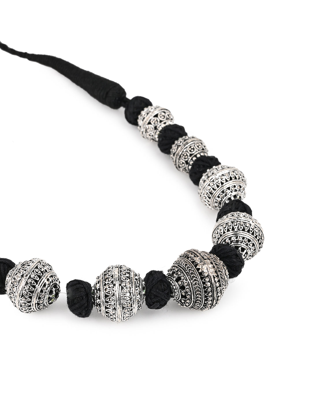 MAURYANA - Oxidised silver beaded necklace set with earrings - adjustable length
