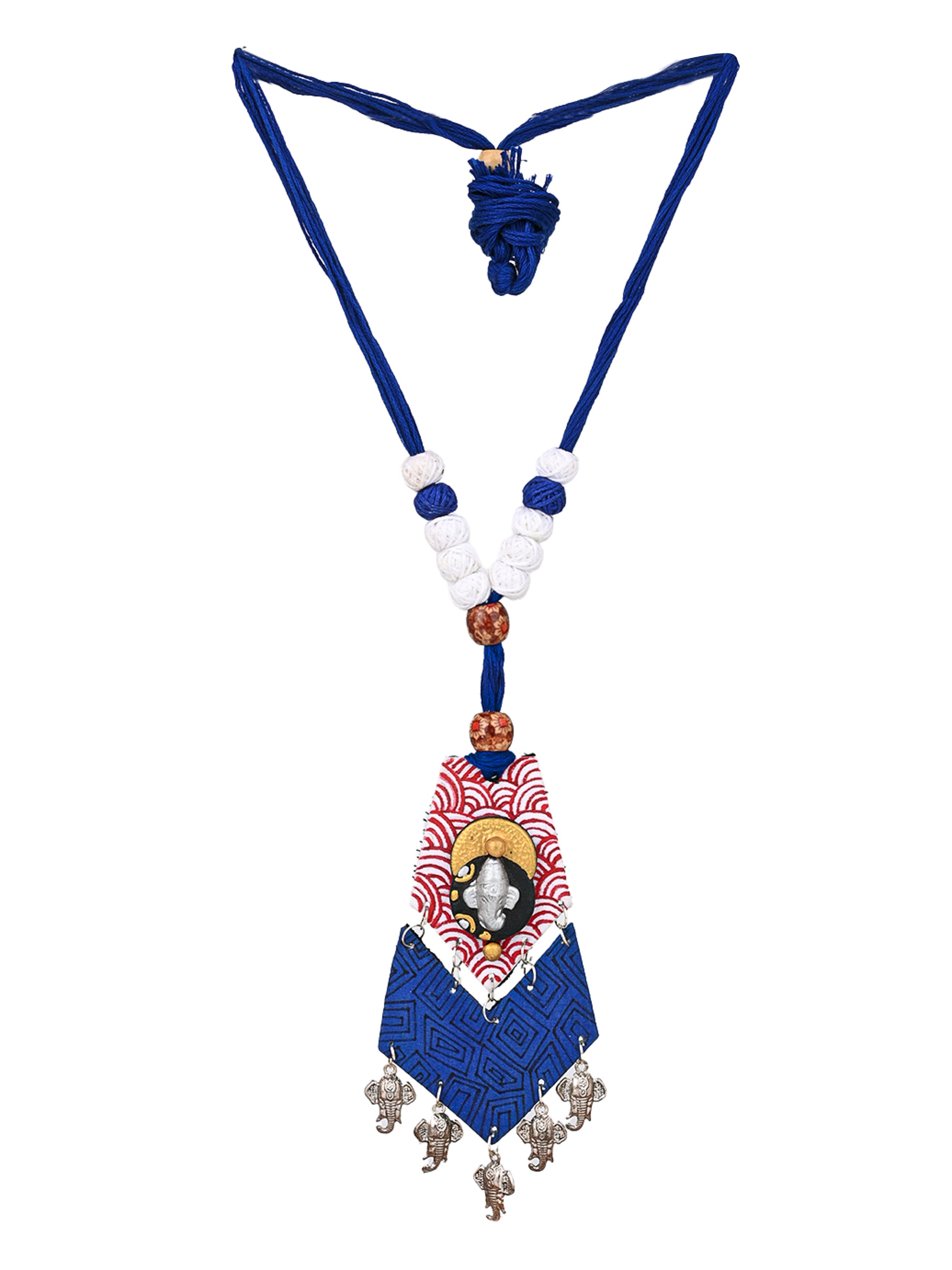 MAURYANA - Fabric crafted long pendent with Ganesha necklace set with earrings - adjustable length