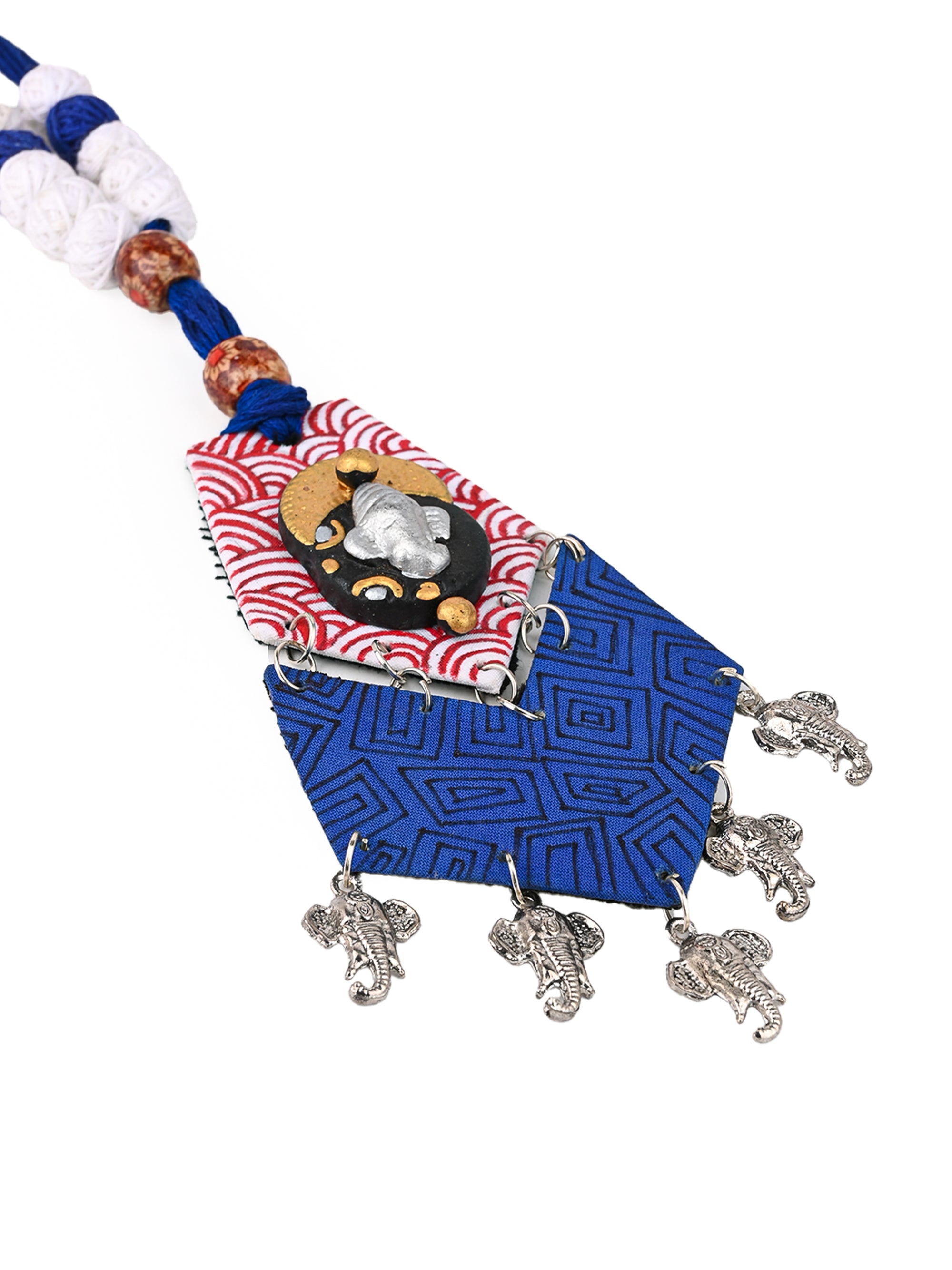 MAURYANA - Fabric crafted long pendent with Ganesha necklace set with earrings - adjustable length