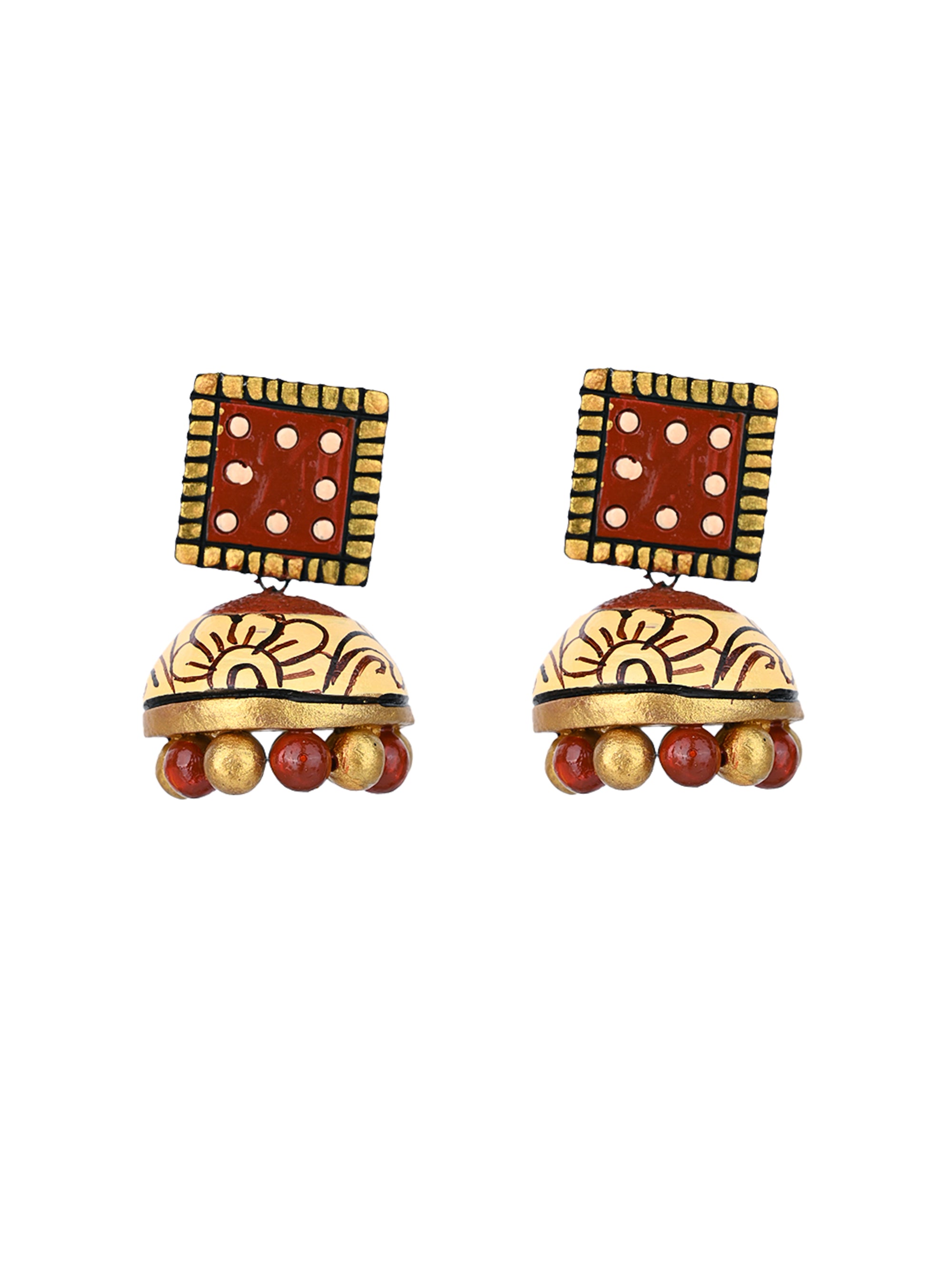 MAURYANA - Terracotta red and gold peacock design pendant necklace set with earrings - adjustable length