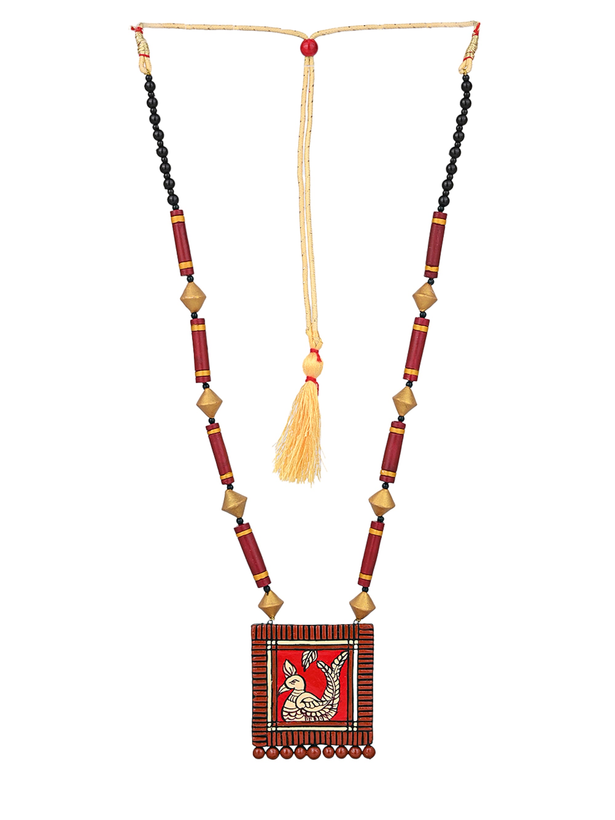 MAURYANA - Terracotta red and gold peacock design pendant necklace set with earrings - adjustable length