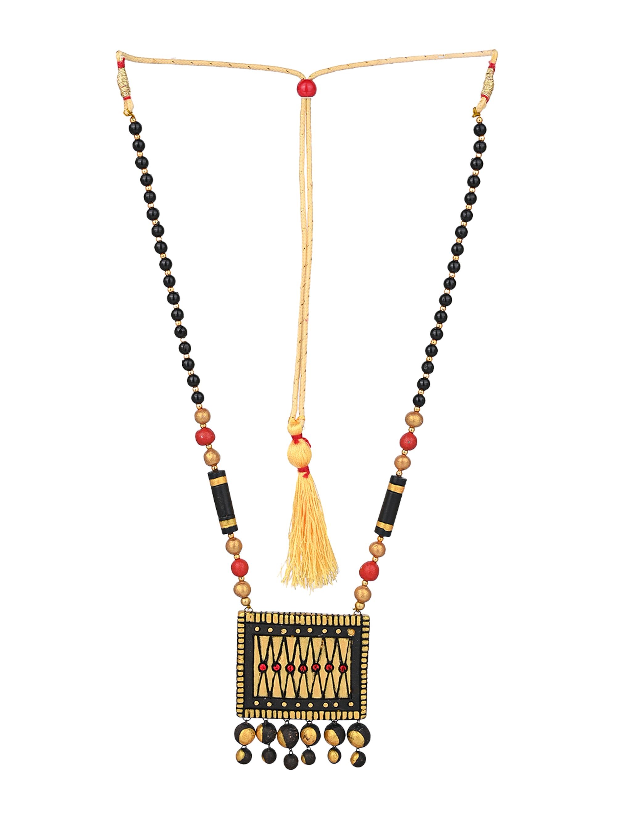 MAURYANA - Terracotta black and gold square pendant necklace set with earring available in assorted colors - adjustable length
