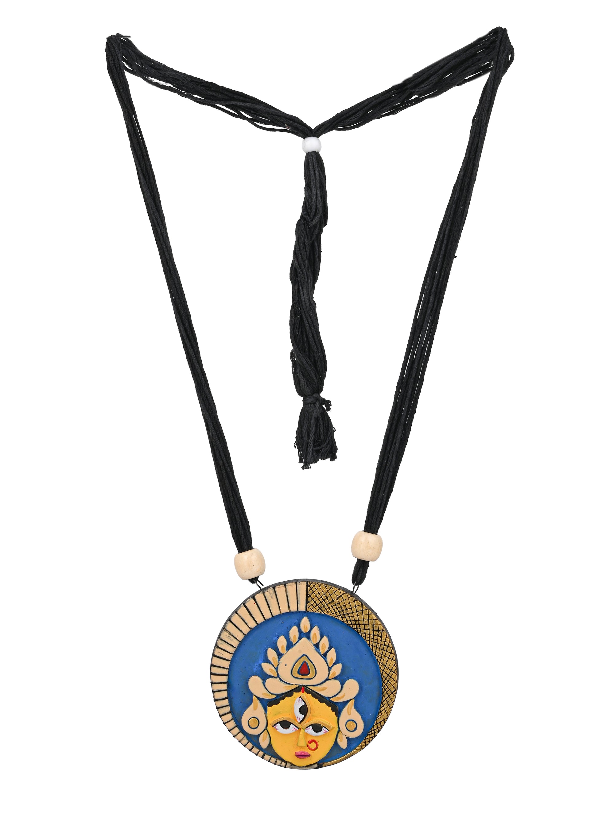 MAURYANA - Terracotta Durga mata face design pendant necklace set with earrings - Assorted colors - adjustable length