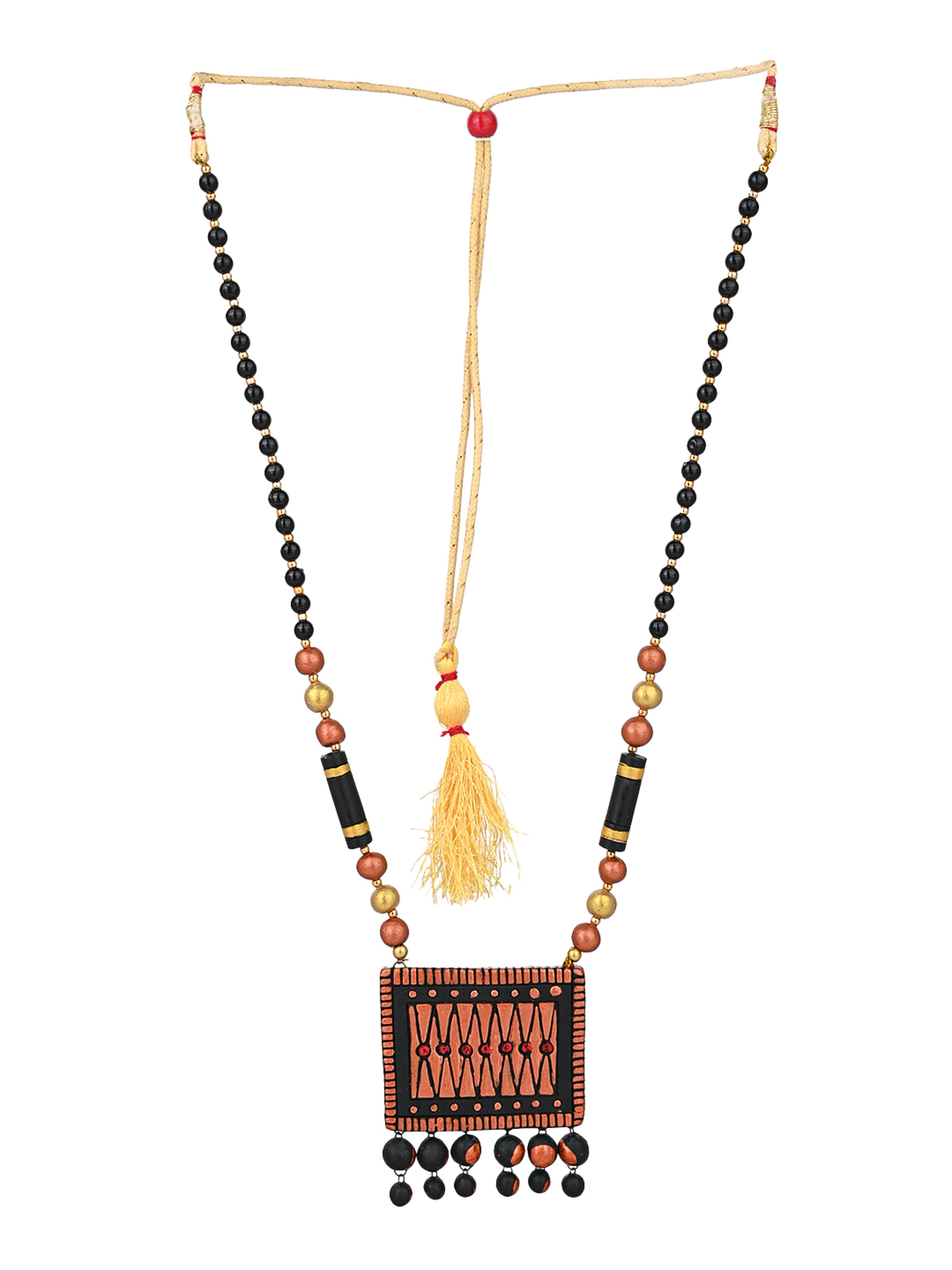 MAURYANA - Terracotta black and gold square pendant necklace set with earring available in assorted colors - adjustable length