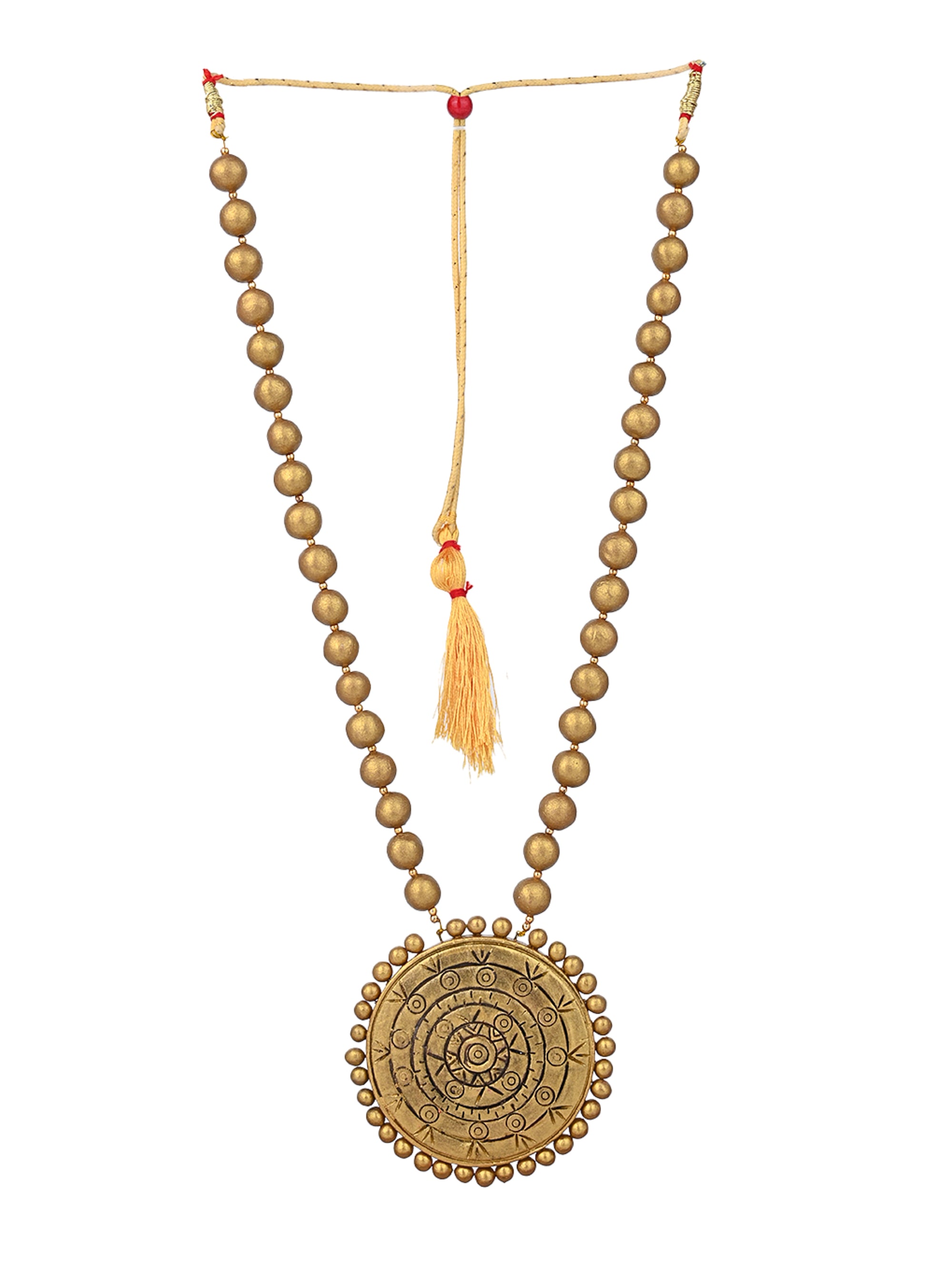 MAURYANA - Terracotta gold medallion shaped pendant necklace set with earrings - adjustable length