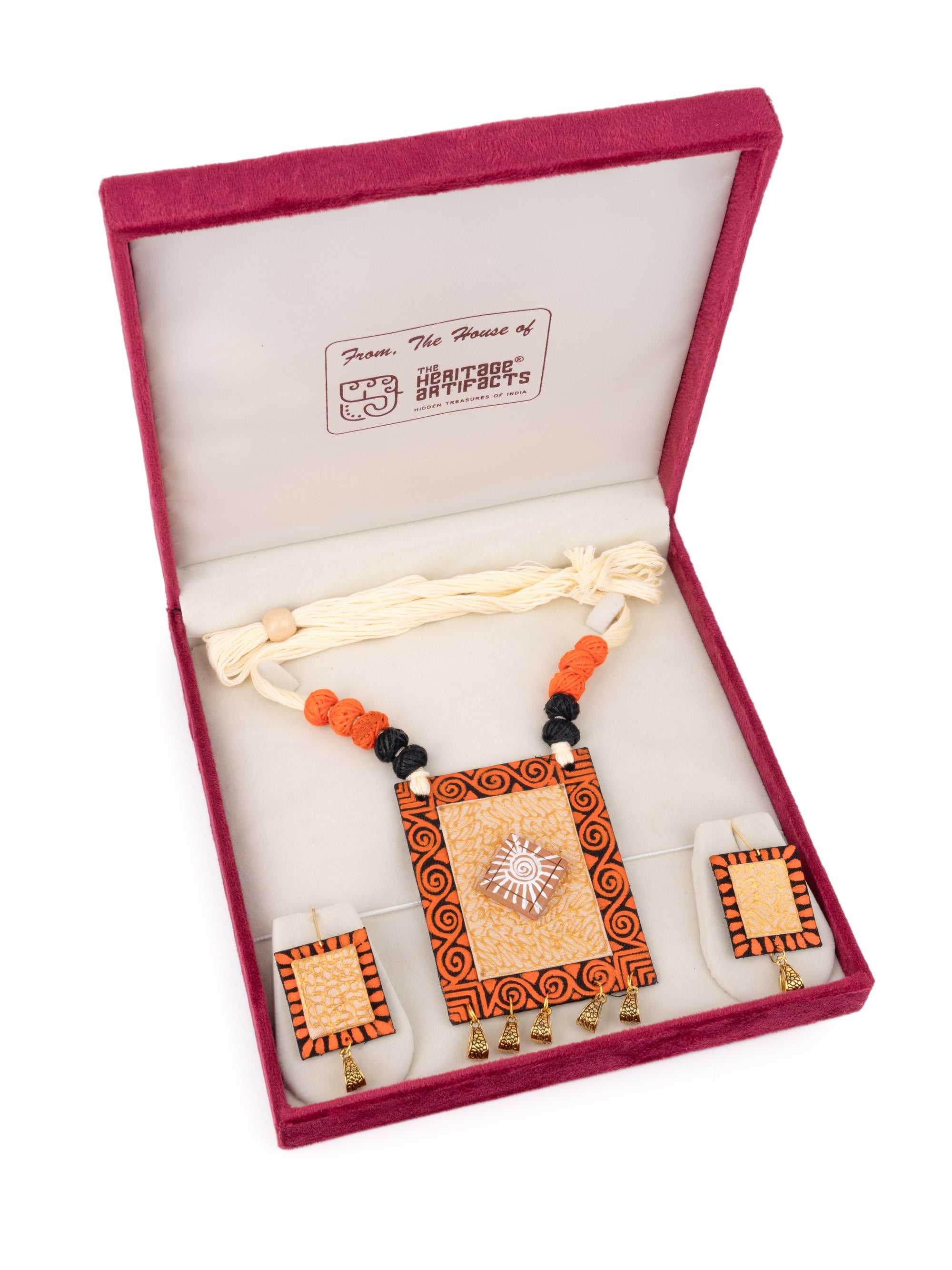 MAURYANA - Fabric and terracotta art necklace set with earrings - adjustable length