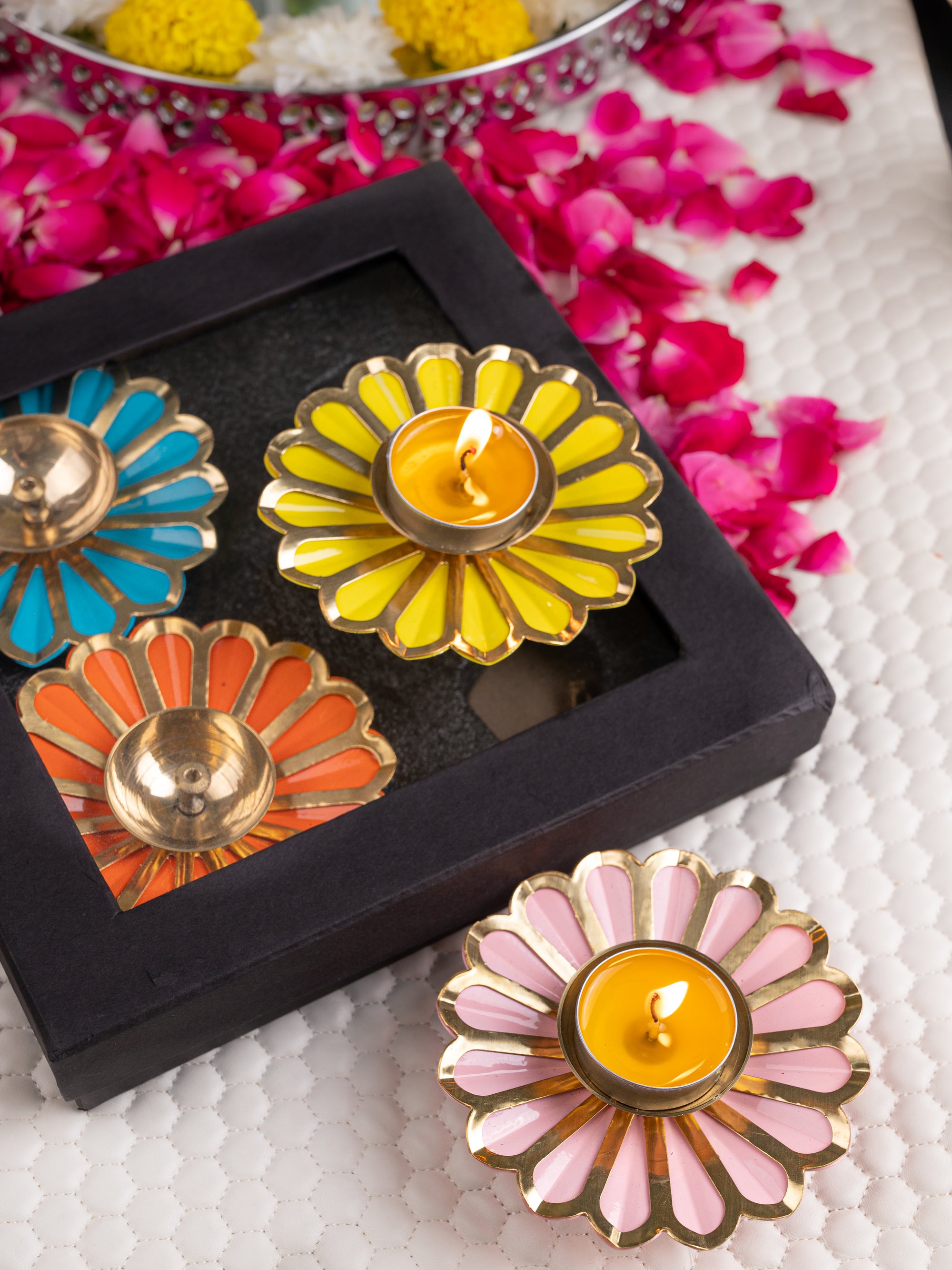 Metal crafted Set of 4 Colorful Flower Diya / Oil Lamp in a Black Gift Box - Multicolor