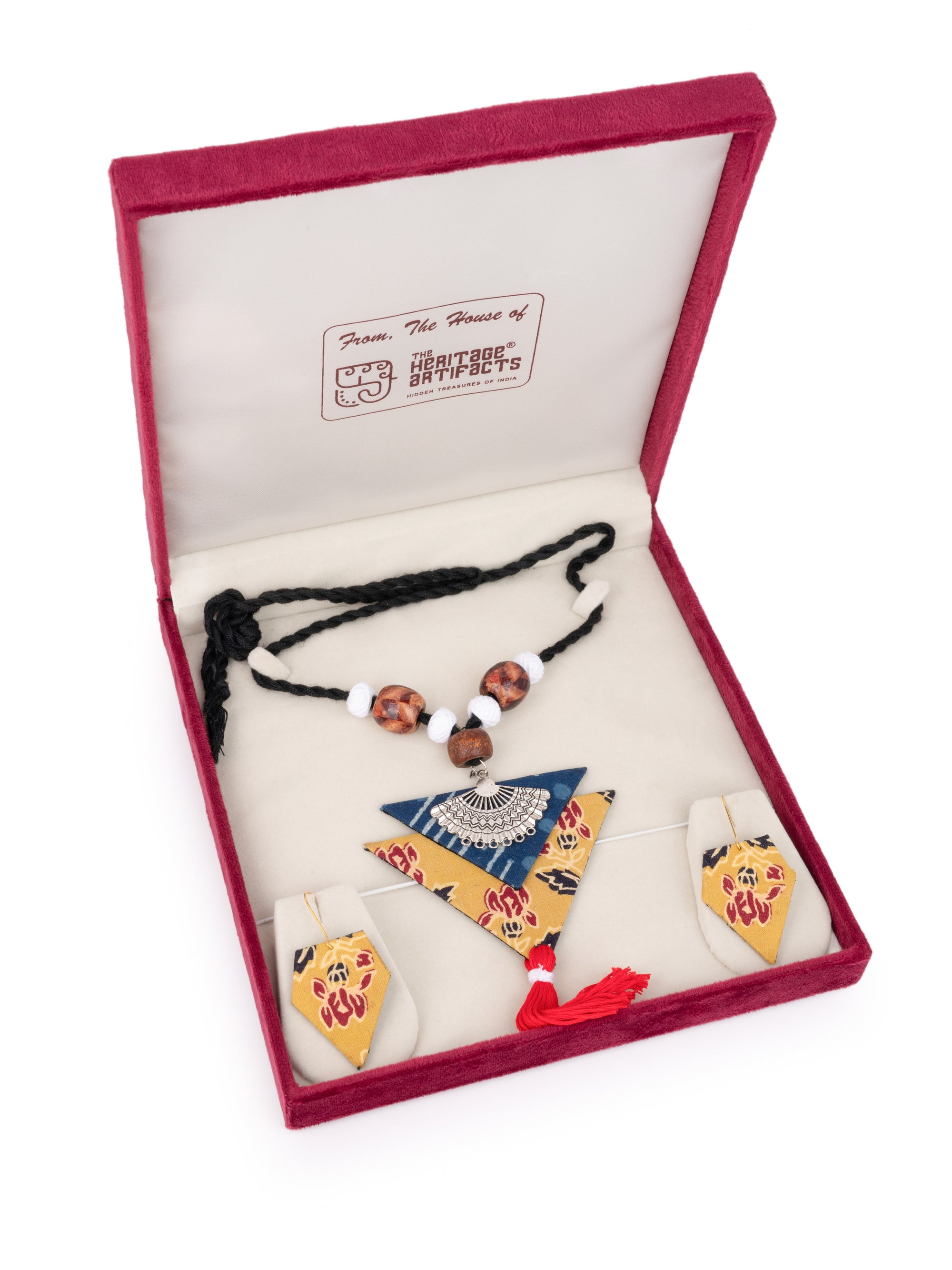 MAURYANA - Fabric crafted triangle pendant necklace set with earrings - adjustable length
