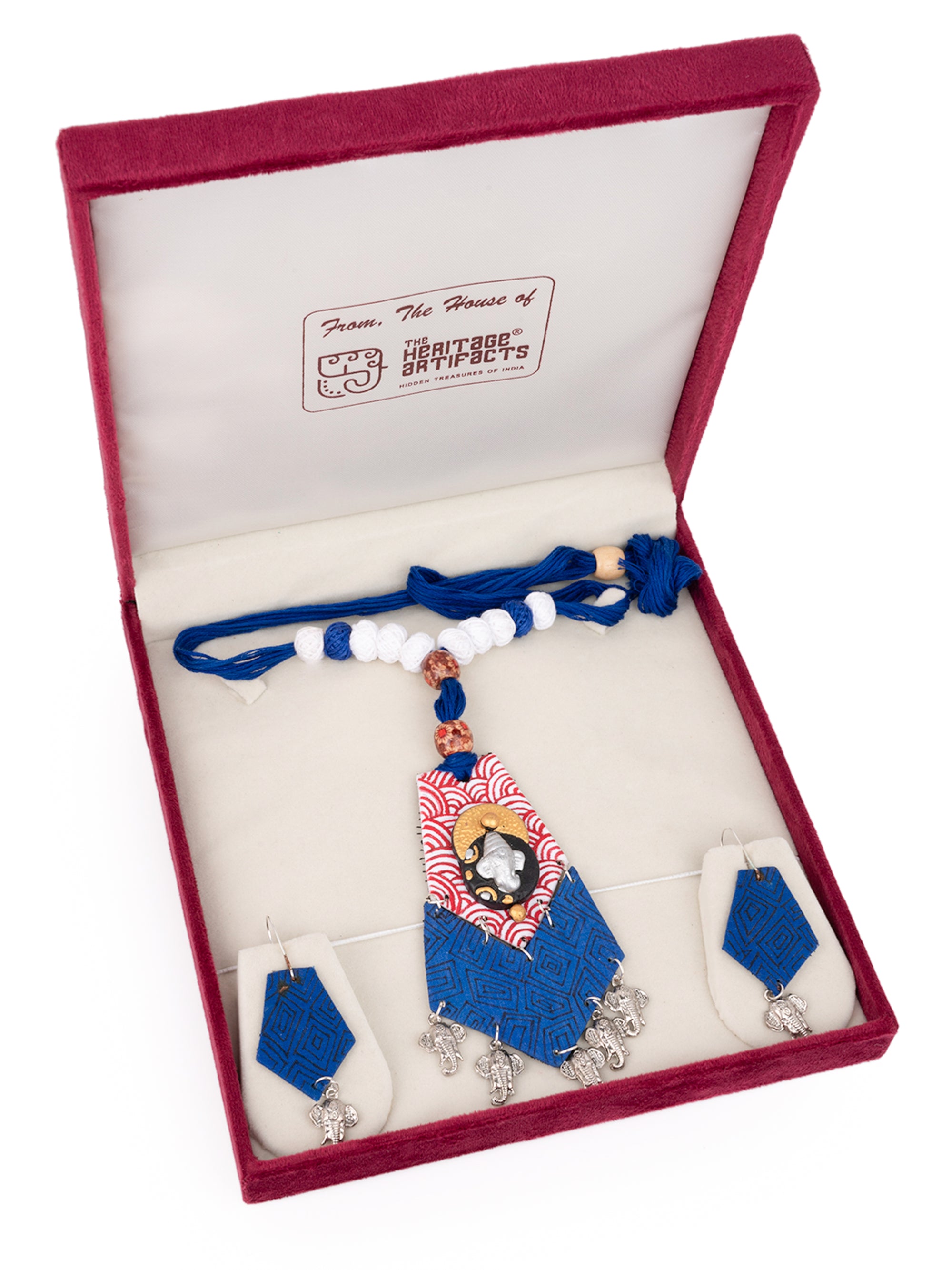 MAURYANA - Fabric crafted long pendent with Ganesha necklace set with earrings - adjustable length
