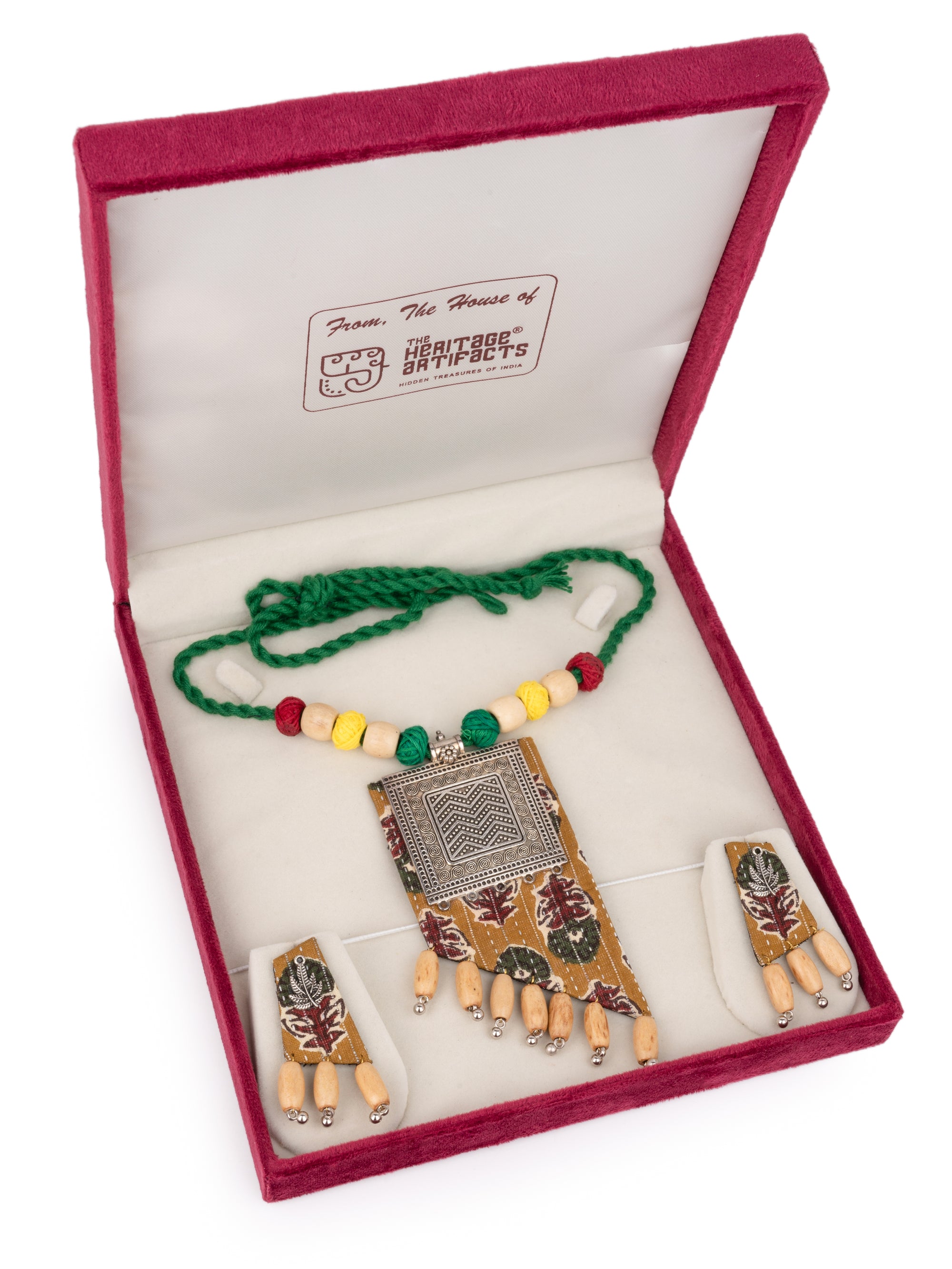 MAURYANA - Fabric, metal and beads crafted necklace set with earrings - adjustable length